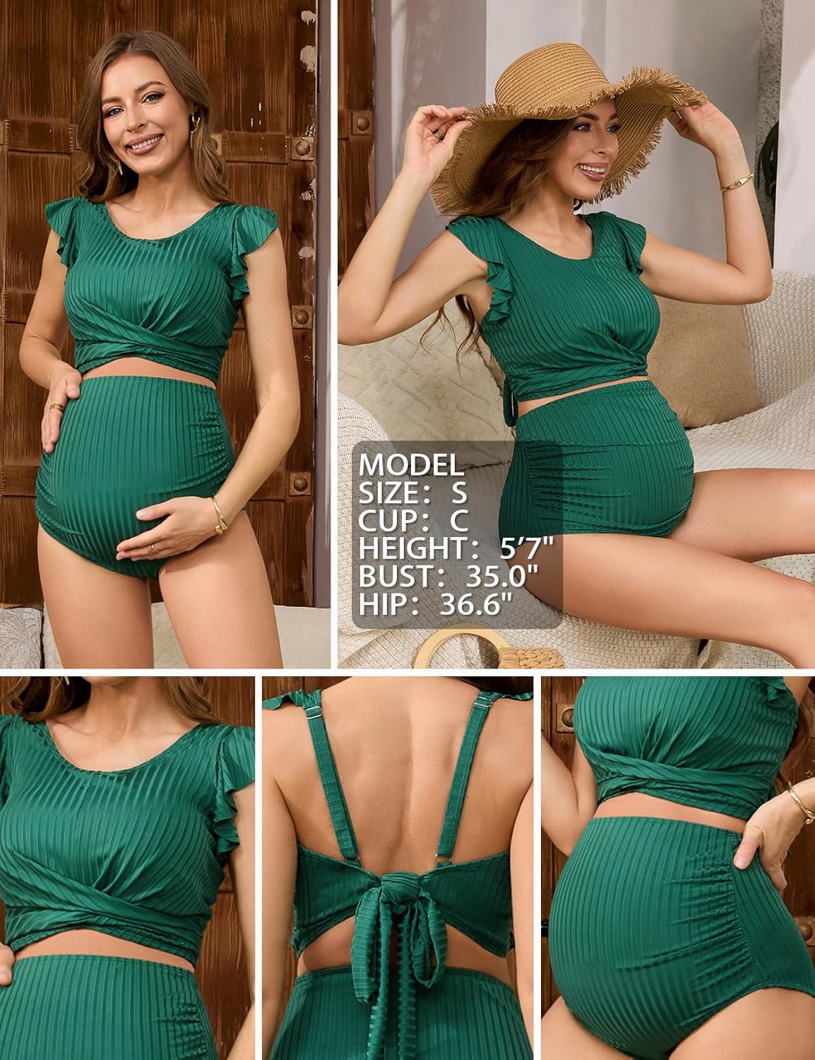 Bhome Maternity Swimsuit Bikini Set Two Piece Ruffle Sleeve Ribbed Bathing Suit High Waisted Pregnancy Swimwear