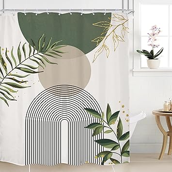 Green Boho Shower Curtain Extra Long Modern Abstract Bohemian Green Gold Minimalist Leaves Mid Century Arch Bathroom Decor Geometric Plant 72Wx84H Bath Curtain Fabric Polyester 12 Pack Hooks
