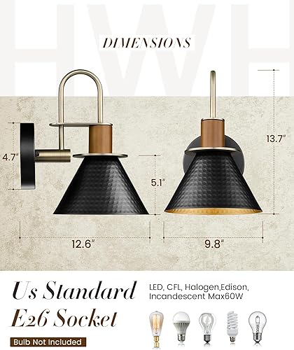 Miniatura 3 de Apliques de pared negros y dorados, apliques industriales HWH para iluminación de pared para interiores, lámpara de pared negra para baño, mesita de