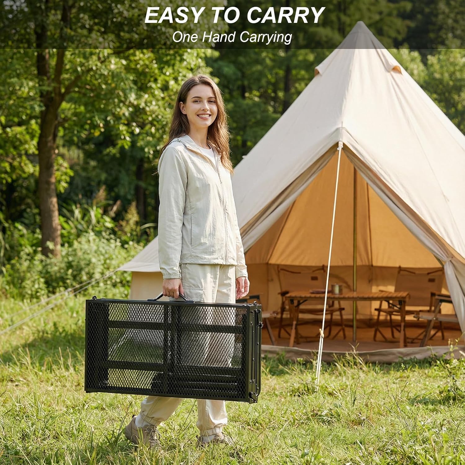 Folding Grill Table, Camping Table with Mesh Desktop and Mesh Bag, 2 Height Adjustable Portable Metal Picnic Table for Outdoor BBQ Cooking, 47.2" L x 23.6" W