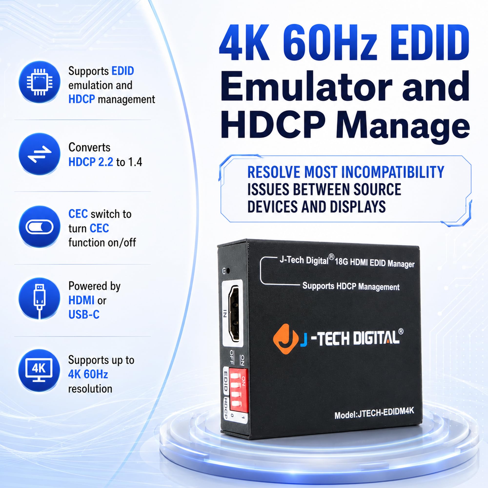 Emulador HDMI EDID HDCP Manager 4K60Hz Auto Downscaling, 8 modos EDID y ajustes EDID personalizados, alimentación por USB C o HDMI, soporta encendido/apagado CEC por J-Tech Digital [JTECH-EDIDM4K]