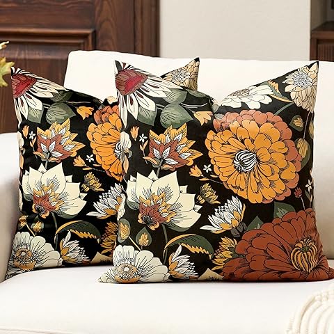 Black Boho Floral Velvet Throw Pillow Covers 18x18 Inch Set of 2 Farmhouse Vintage ...