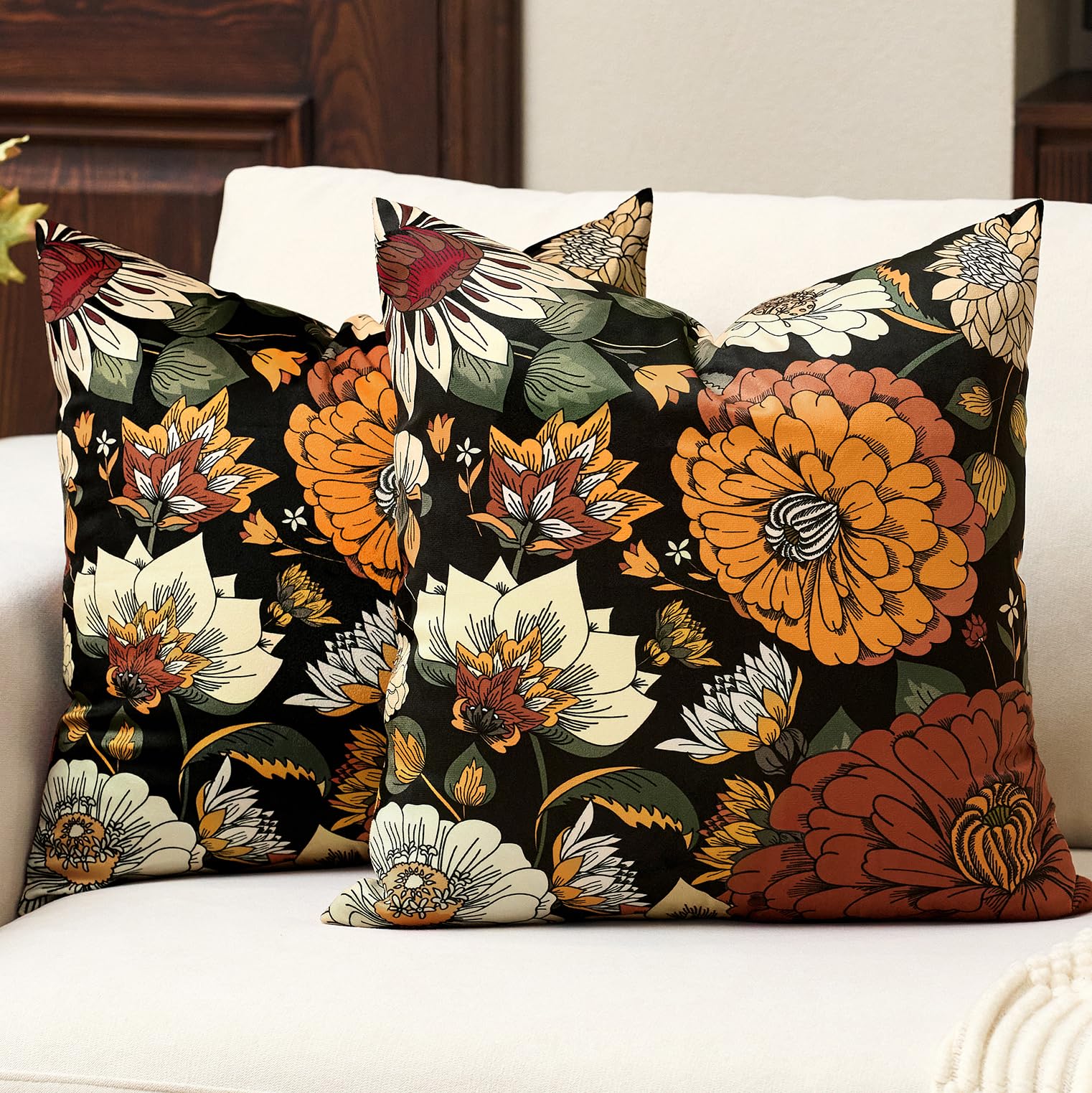 Black Boho Floral Velvet Throw Pillow Covers 18x18 Inch Set of 2 Farmhouse Vintage Cushion Covers Mid Century