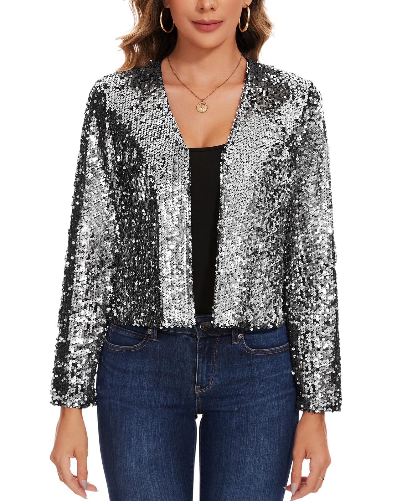 MINTLIMIT Damen Pailletten Strickjacke Kurz Cardigan Langarm Bolero Elegant Glitzer Jacke