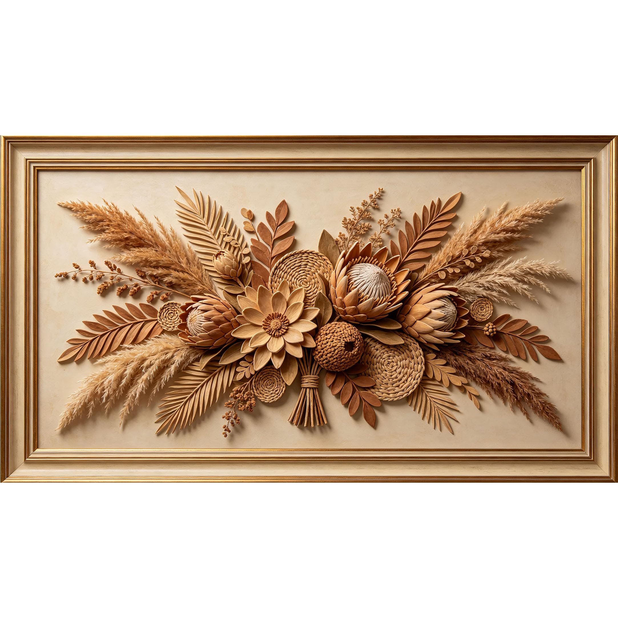 QZLITHOTIC 50x90cm3D Framed Wall Art， Botanical Dried Floral Arrangement Rustic Pampas Textured Self‑Adhesive Mural， Water‑Activated Peel & Stick Fabric Decor Wall Decal for Bedroom Living Room