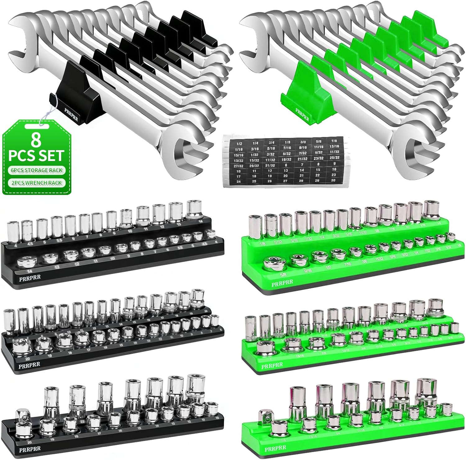 Magnetic Socket Organizer Set, 8PCS Socket Holder, 6 Socket Trays & 2 Wrench Racks, Metric & SAE Tool Box Organizer for 1/4", 3/8", 1/2" Sockets for Toolbox Storage (Black and Green, 8Pcs)