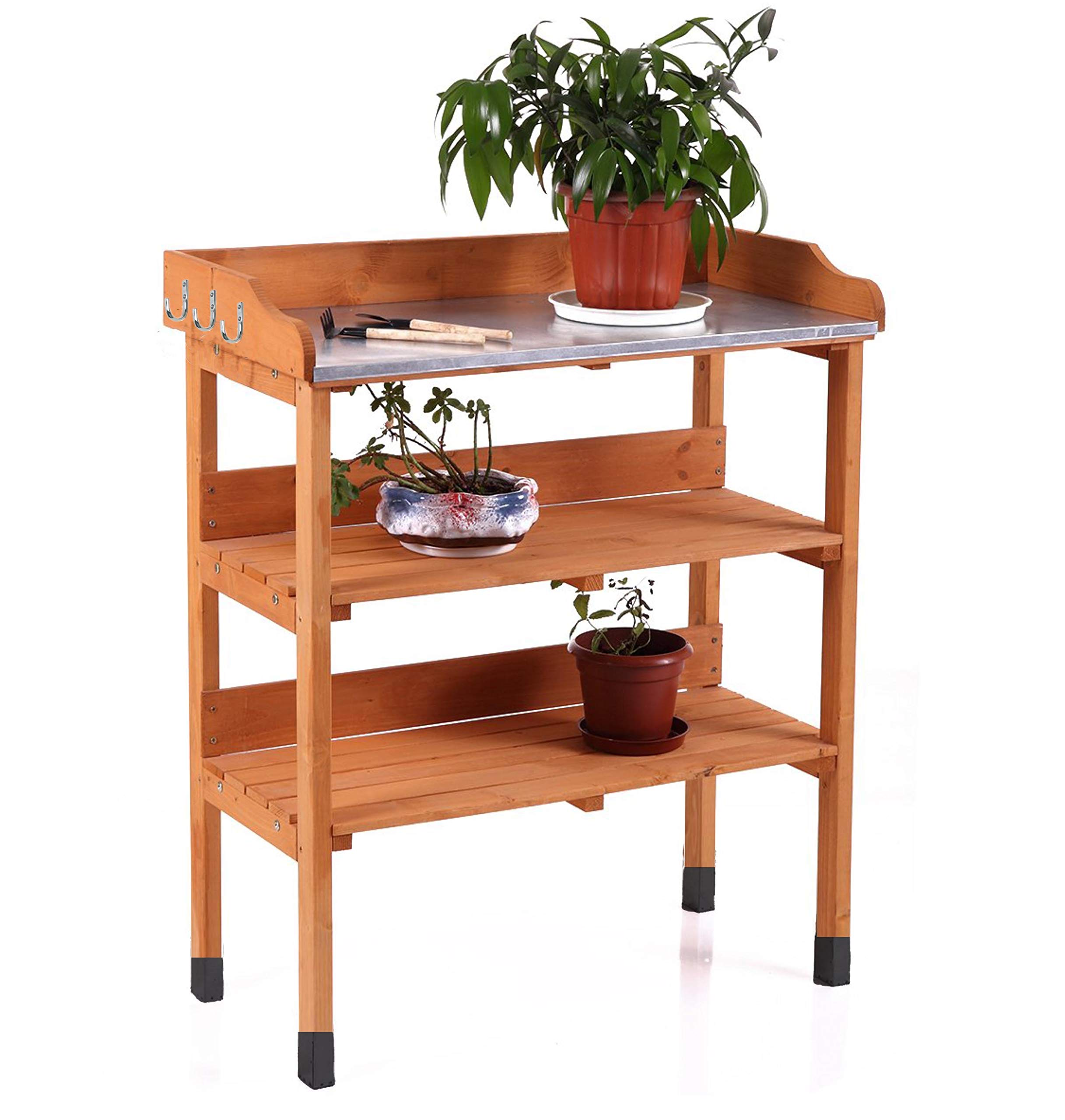 GEEZY Garden Potting Table Wooden Work Bench - 3 Tier Greenhouse Staging with Metal Top & Tool Hooks - Outdoor Plant Station & Flower Stand with Storage Shelves