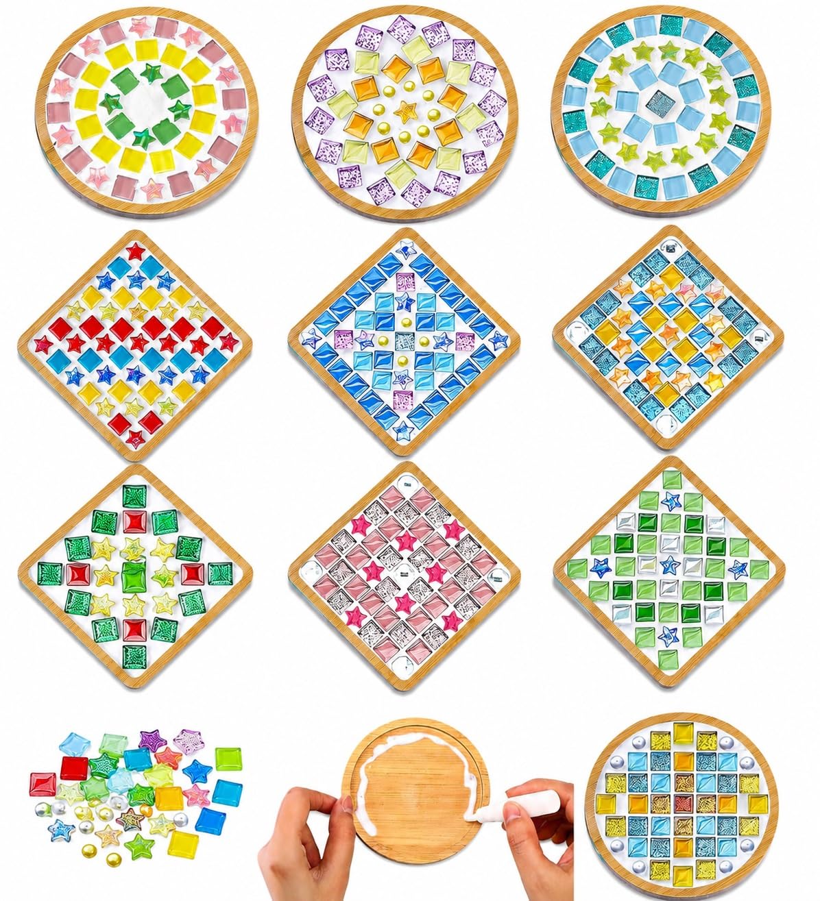 RWFMO Set di 10 sottobicchieri a mosaico fai da te, piastrelle a mosaico in vetro per artigianato, forme miste, vetro colorato colorato con sottobicchieri in legno, per adulti principianti, fai da te