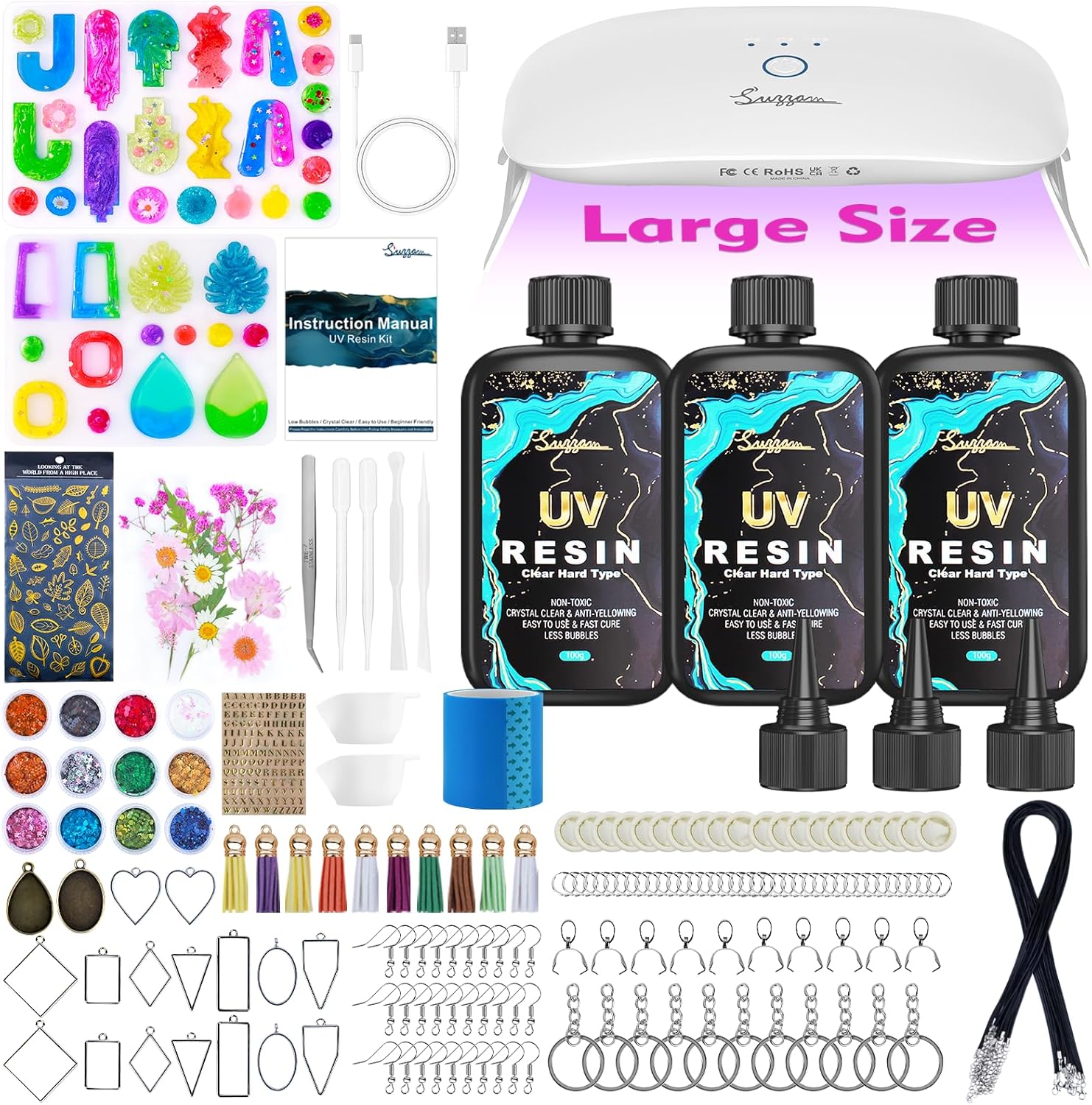 Suzzam UV Resin Jewelry Making Kit, 300g Crystal Clear UV Resin Kit with Molds, 30w & 22 Lamp Beads UV Resin Light Large for Craft Making Earrings, Necklaces, Keychains