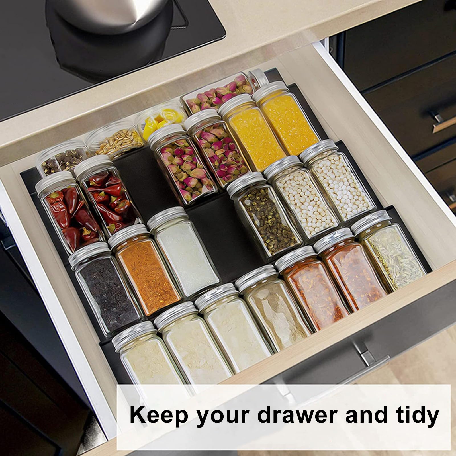 Lot de 4 organiseurs de tiroir à épices à 4 niveaux - Support d'assaisonnement extensible pour cuisine
