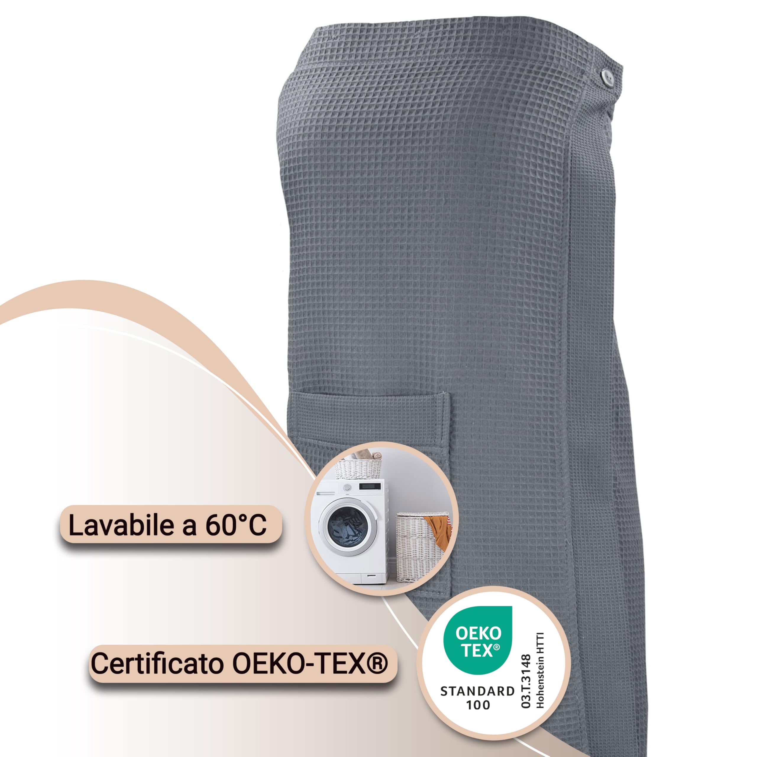 ZOLLNER Kilt da sauna per donna in ottica Piquè - Cotone - Con elastico e chiusura a bottoni - pratiche tasche con cerniera - lavabile a 60°C - OEKO-TEX (R), grigio