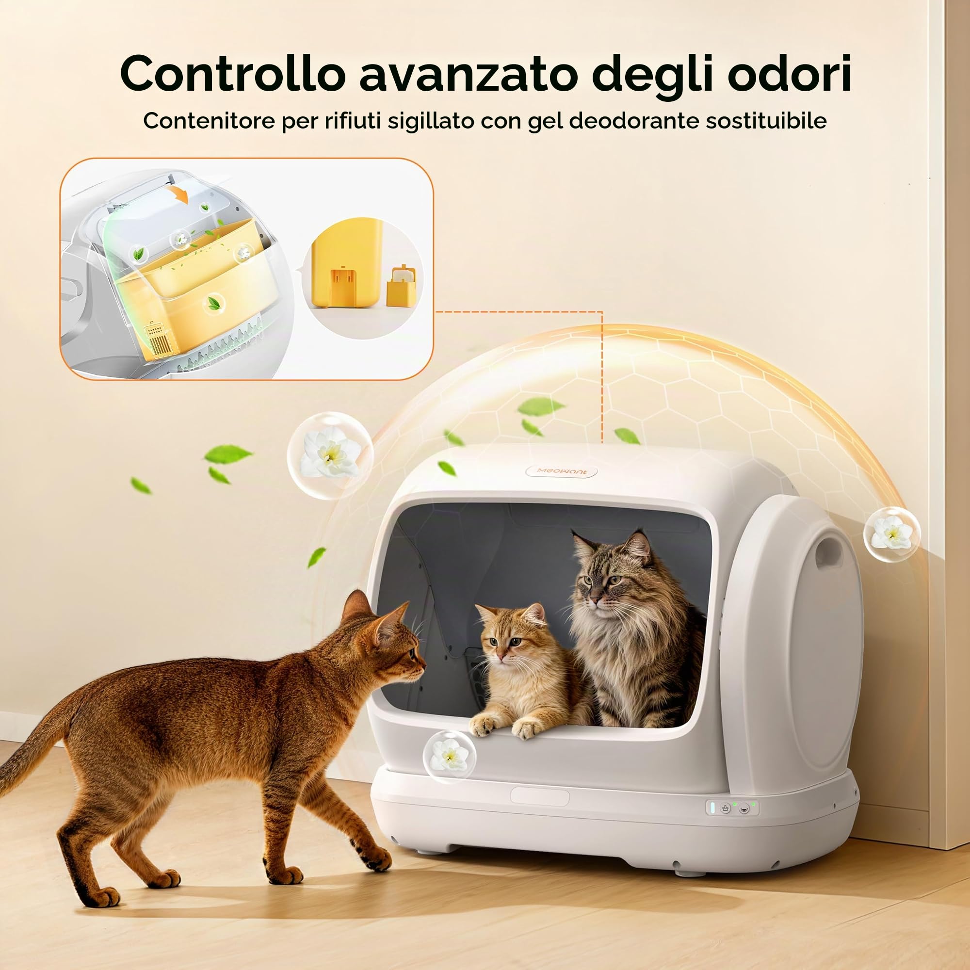 MeoWant Lettiera Autopulente, 106L con Sensori e App | Vasca autopulente per gatti, ingresso 21cm, anti-odori, 36dB. 3 modalità, rullo smontabile, tappetino incluso
