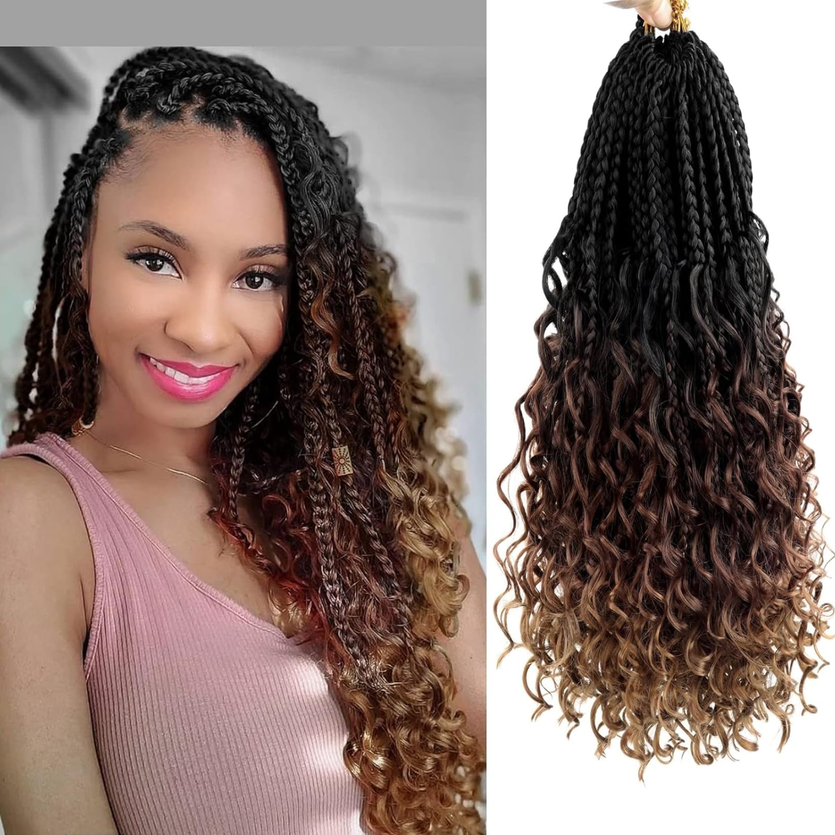 Boho Box Braids Crochet Hair 16 Inch Goddess Braids Crochet Hair Pre Looped Boho Crochet Braids with Curly Ends, Bohemian Box Crochet Braids for Black