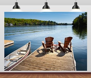 7x5ft Fabric Wooden Dock Fishing Boats Backdrop Green Forest Lakeside River Nature Scenery Lake Canoe Background for Go Fishing Themed Birthday Party Decorations Fish Outdoor Photoshoot