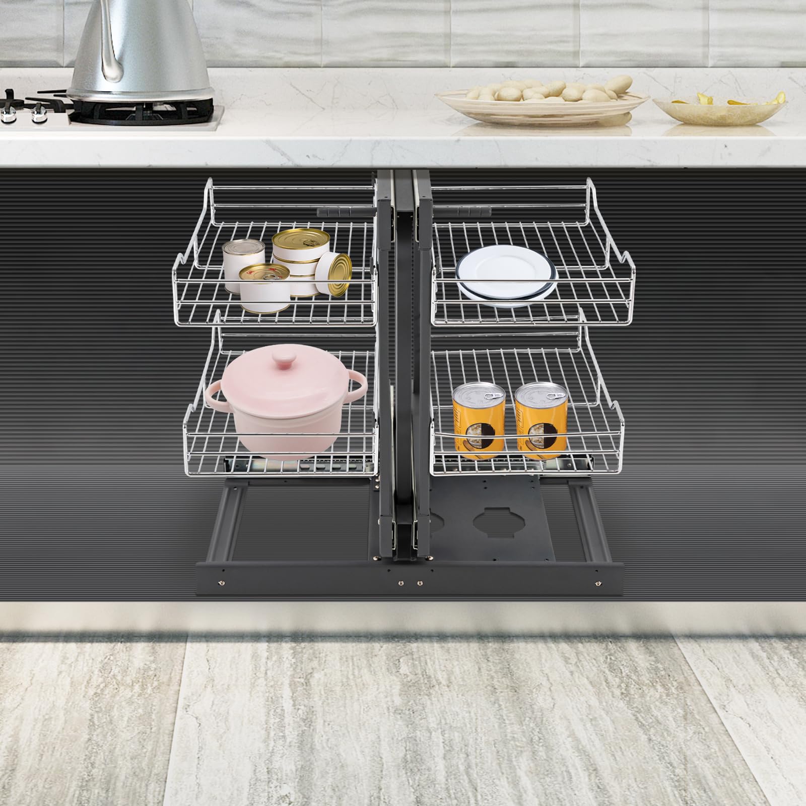 Organizzatore con cestello estraibile a 2 livelli for armadi con apertura a sinistra e con apertura a destra, moderno scaffale ad angolo da cucina estraibile for riporre spezie, piatti e cio