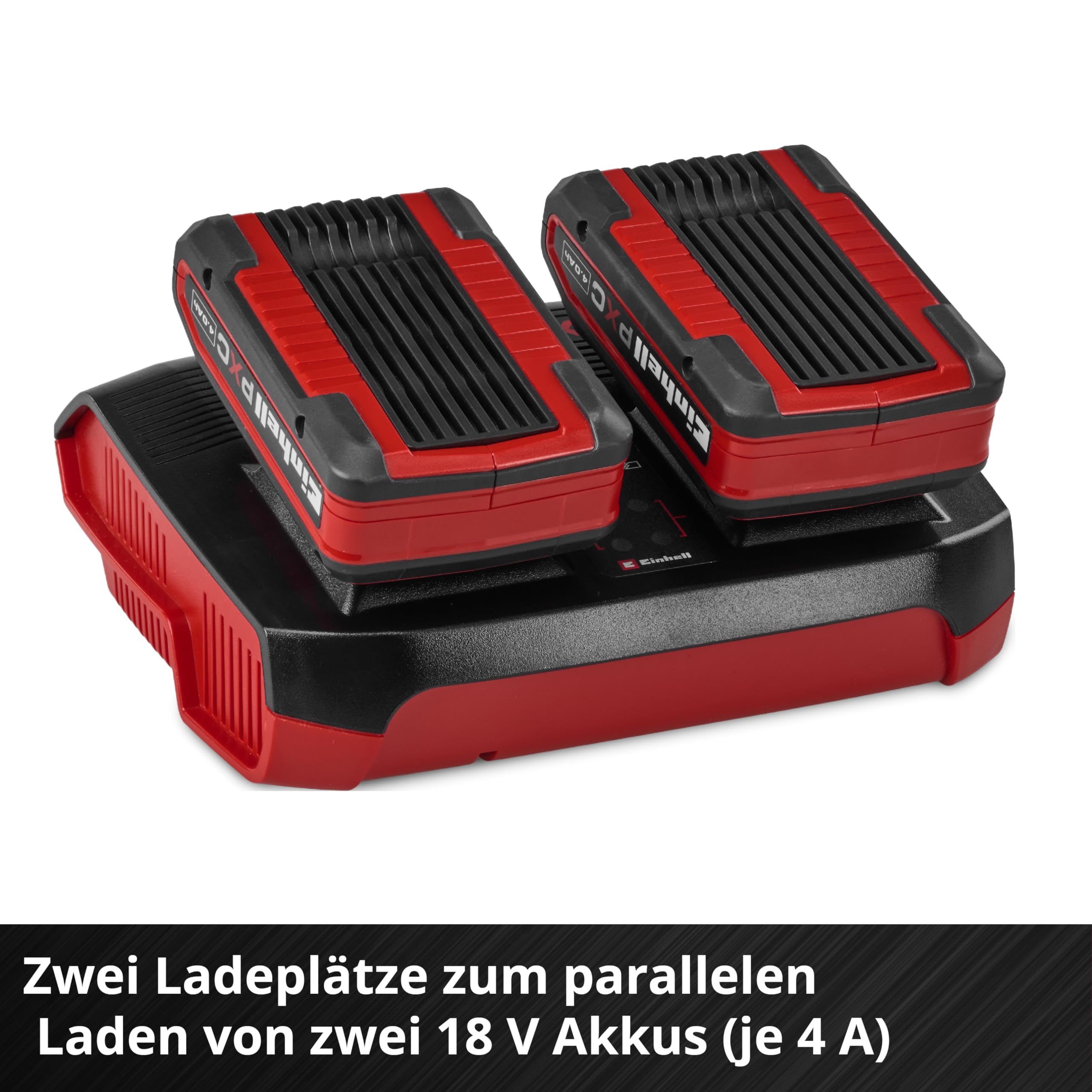 Original Einhell Ladegerät Power X-Twincharger 4A Power X-Change (18 V, gleichzeitiges Laden von 2x 18 V Akkus, Akkuüberwachung, Lademanagementsystem, Refresh-Modus)