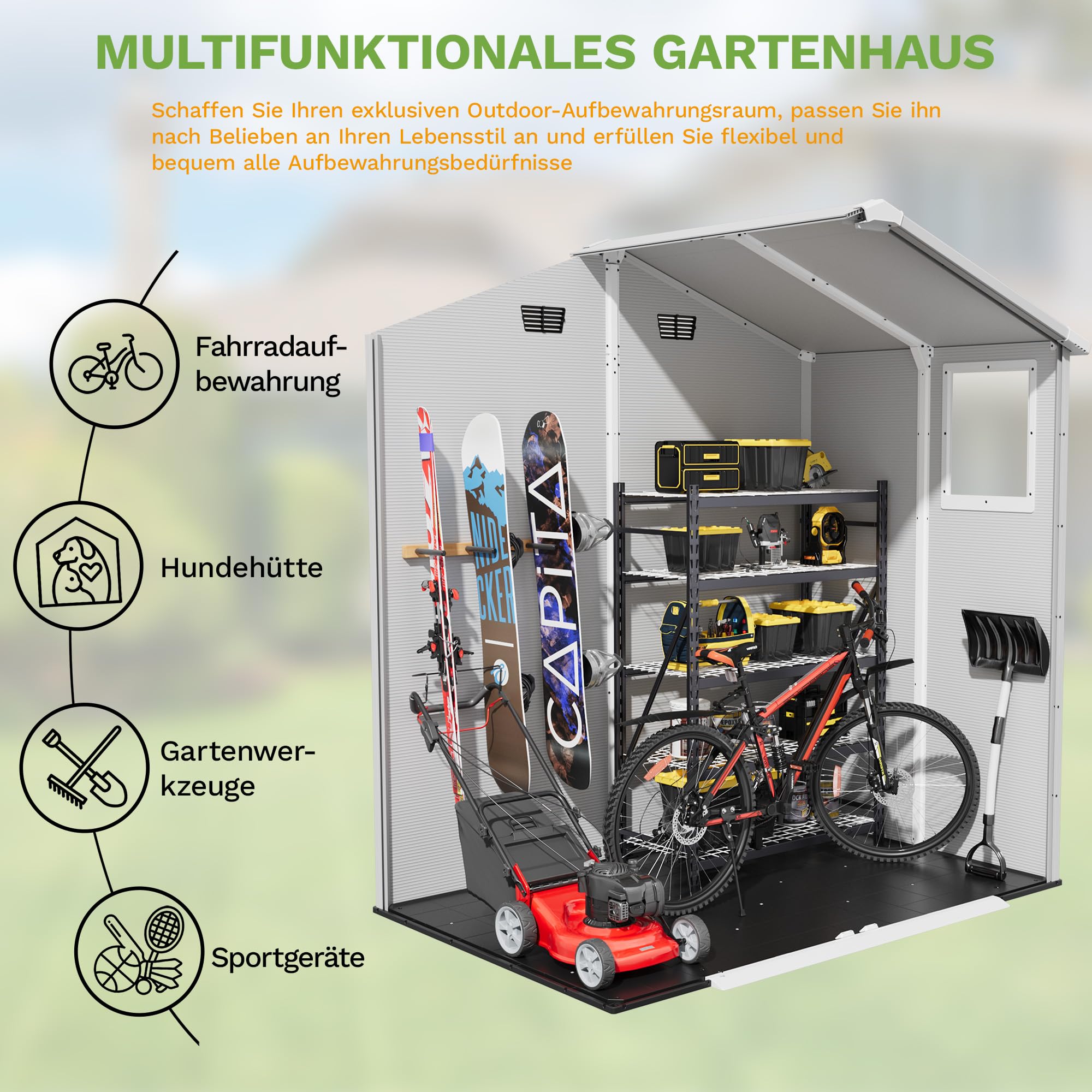Devoko 6x4 Gartenhaus Kunststoff 4,7m³, 185x121x210 cm Gerätehaus mit Boden, Geräteschuppen, Fahrradschuppen mit Abschließbar Tür, Wetterfest für Garten Rasen, Hellgrau