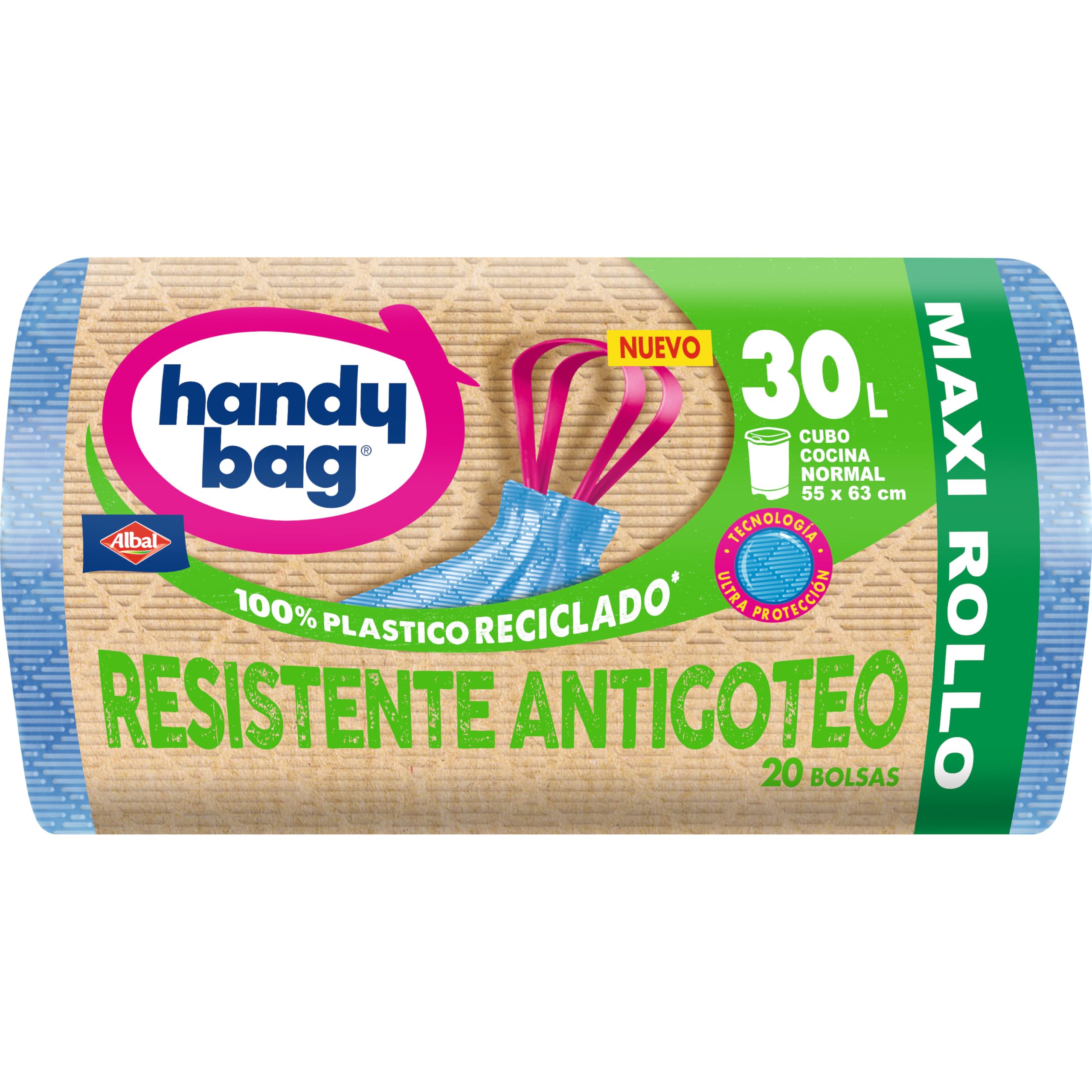 Handy Bag Bolsas de Basura Resistente Antigoteo, 100% Reciclado, Autocierre, Maxi Rollo 30L, 20 Bolsas, 1 Paquete