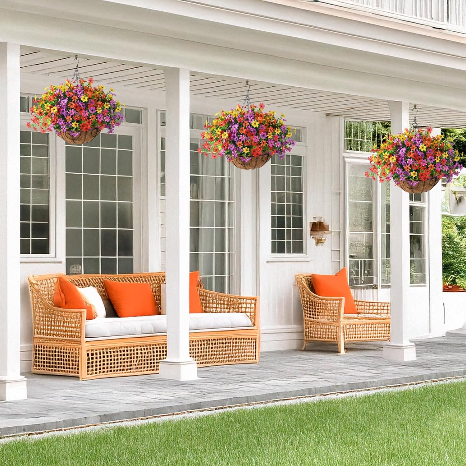 ZFProcess Artificial Flowers Hanging Baskets, Multicolor 12 Bundles Faux Flower Outdoor Hanging Basket Spring Summer Decoration, Fake Flowers Plants for Porch Patio Balcony Home Yard Decor(Mixd2)