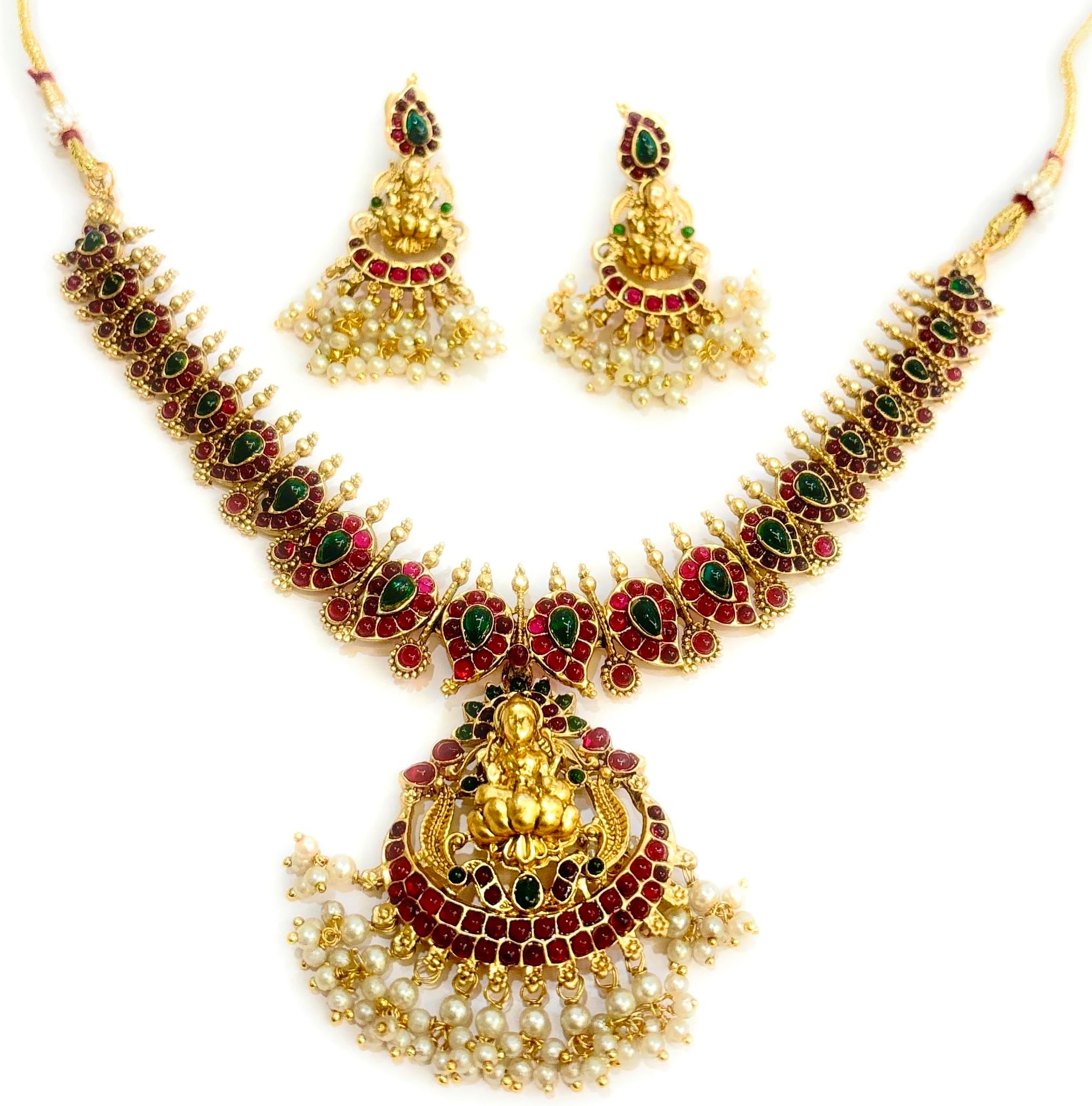 Adyashree Emporium Ruby & Emerald, pearl based mango design Gold plated south Indian Wedding Traditional temple jewellery set. Latest fashion full Combo for Girls & Women