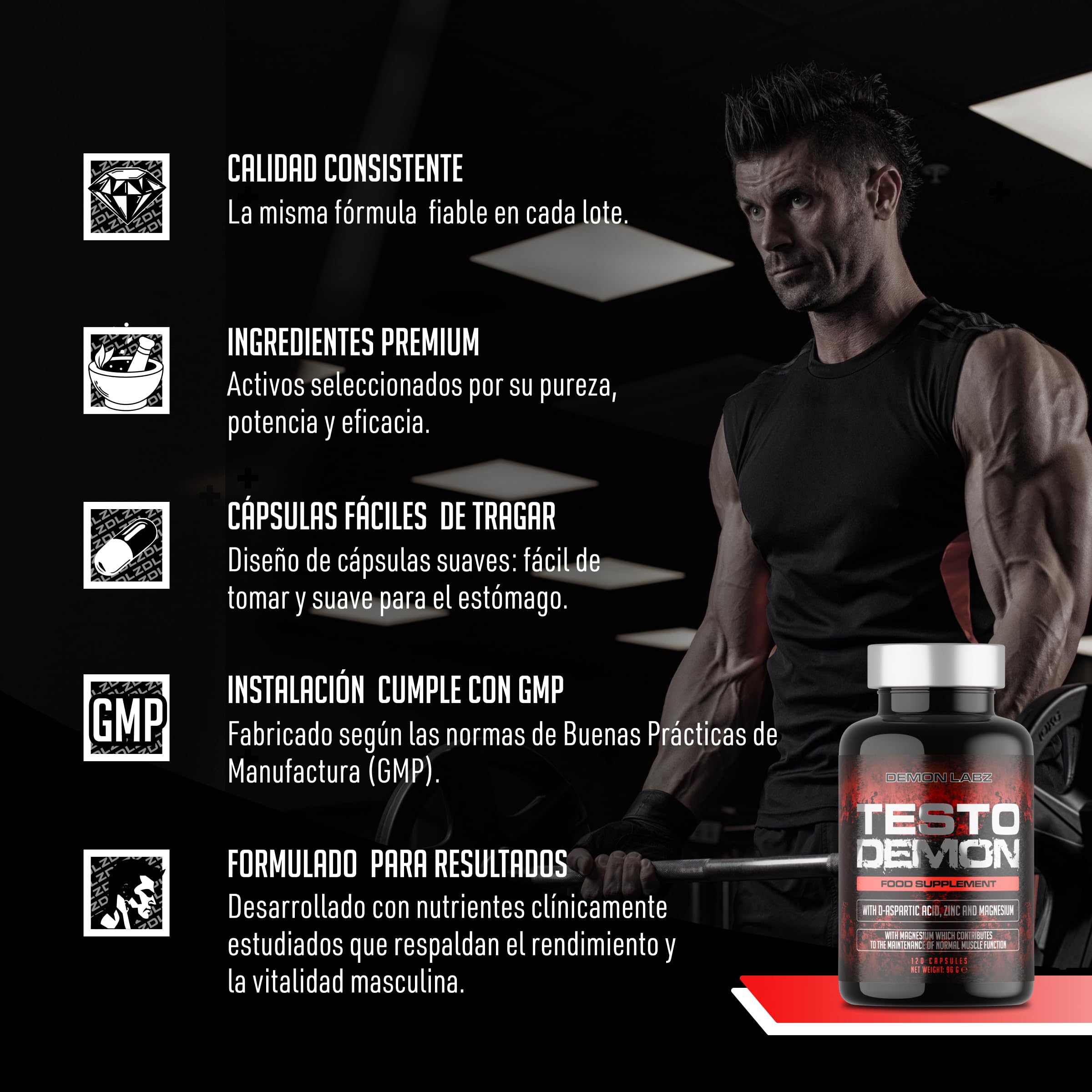 Testo Demon – Complejo de Zinc y Aminoácidos para hombres con Maca, Vitaminas B y Extractos Botánicos – 120 Cápsulas (30 Porciones)