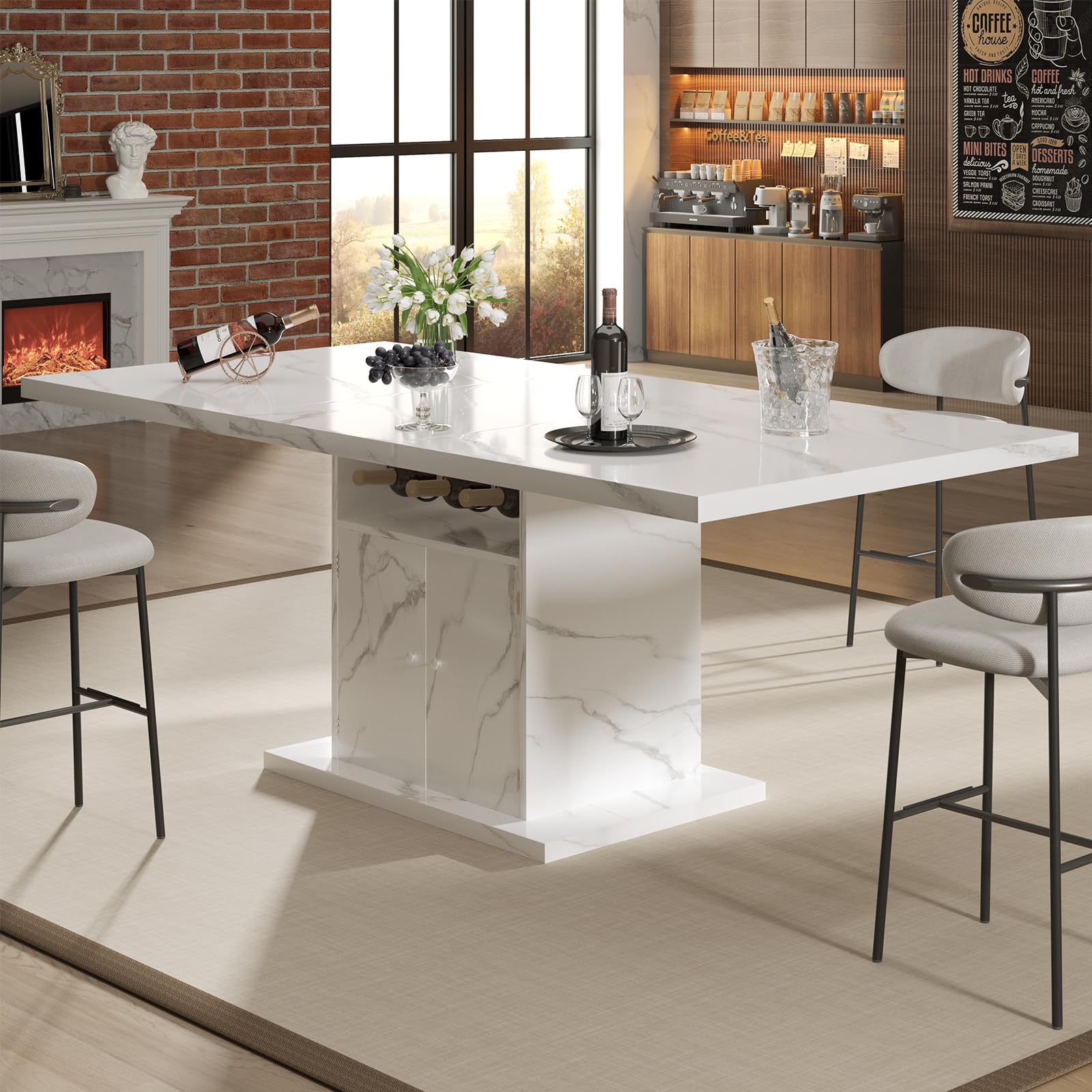 Mesa de Comedor Extensible, Mesa Rectangular,Blanca Efecto mármol, con Estante para vinos y Armario, 120 (160) x 80 x 76 cm, para 4-8 Personas