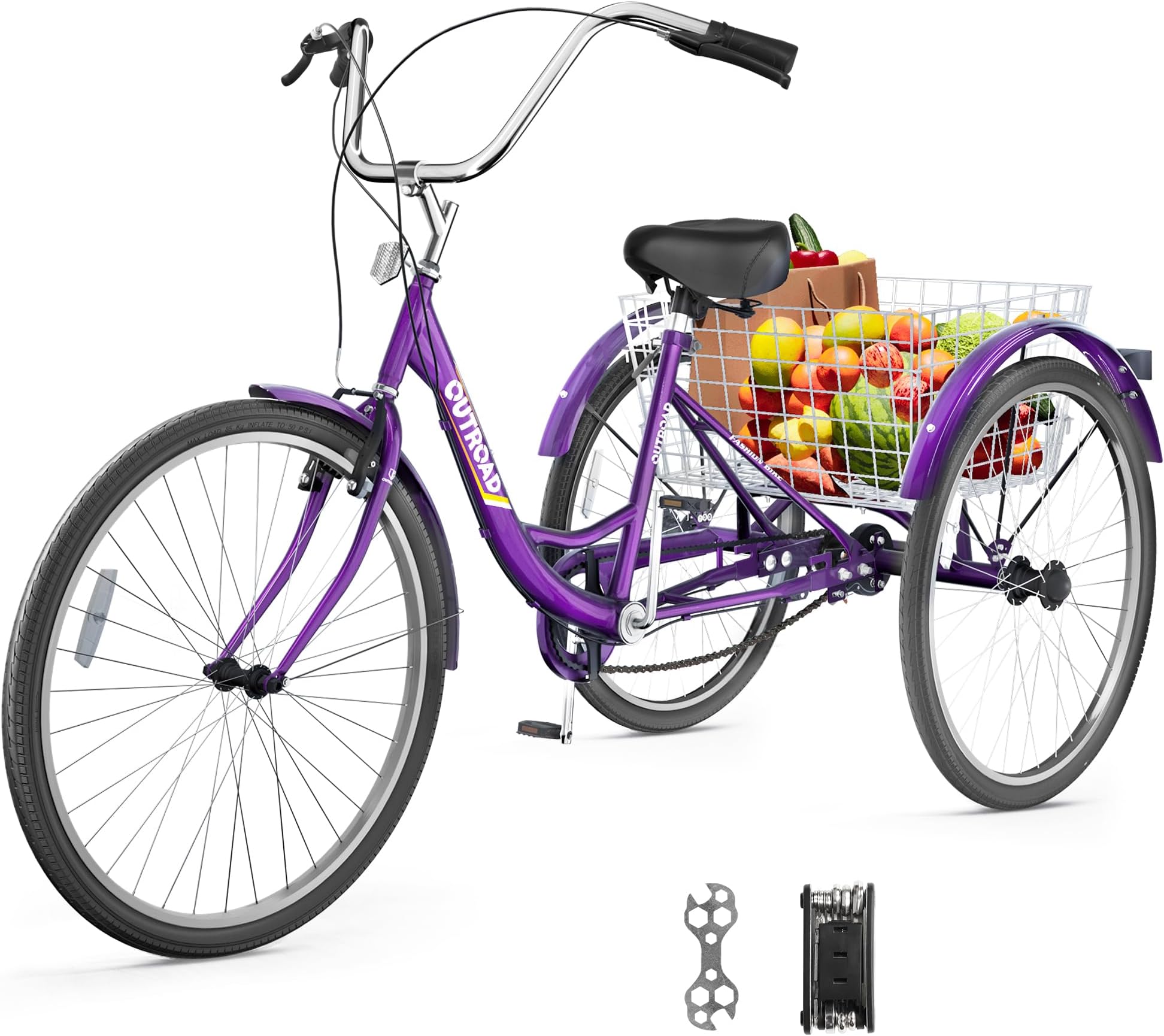 Betterland 1/7-Speed Adult Tricycle, 24/26-Inch Adult Trikes with Basket for Seniors, Stable 3-Wheel Cruise Bicycle for Shopping, Beach and City, 3 Wheel Bikes for Men, Women (Blue,Red,Purple)