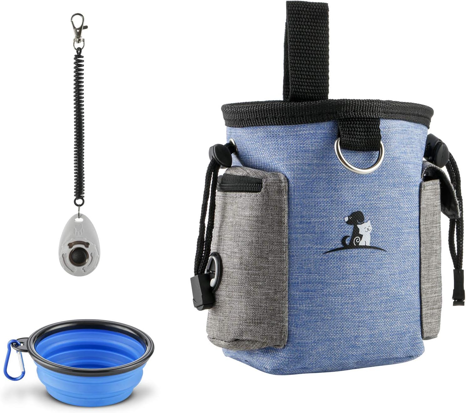 JHMY Dog Treat Pouch Bag with Collapsible Water Feeder Bowl, FREE Doggie Clicker, Travel Food Storage Bag