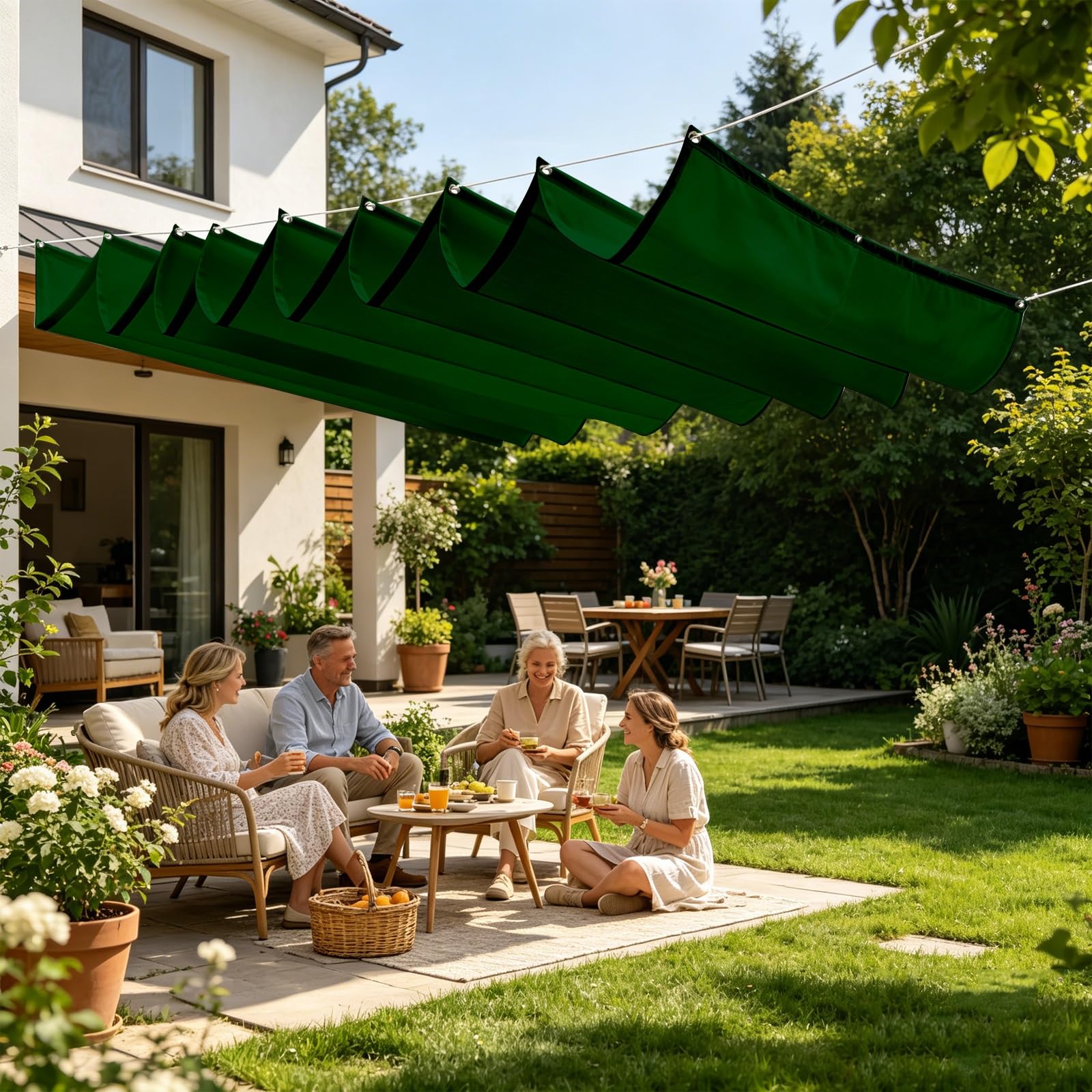 Toldo Retráctil de Onda 250 x 1000 cm con Ojales y Cuerda, Vela Sombra Impermeable y Rectangular con Bloqueo UV y Resistencia a Desgarros para Terraza Jardín Balcón Pérgola, Verde Oscuro