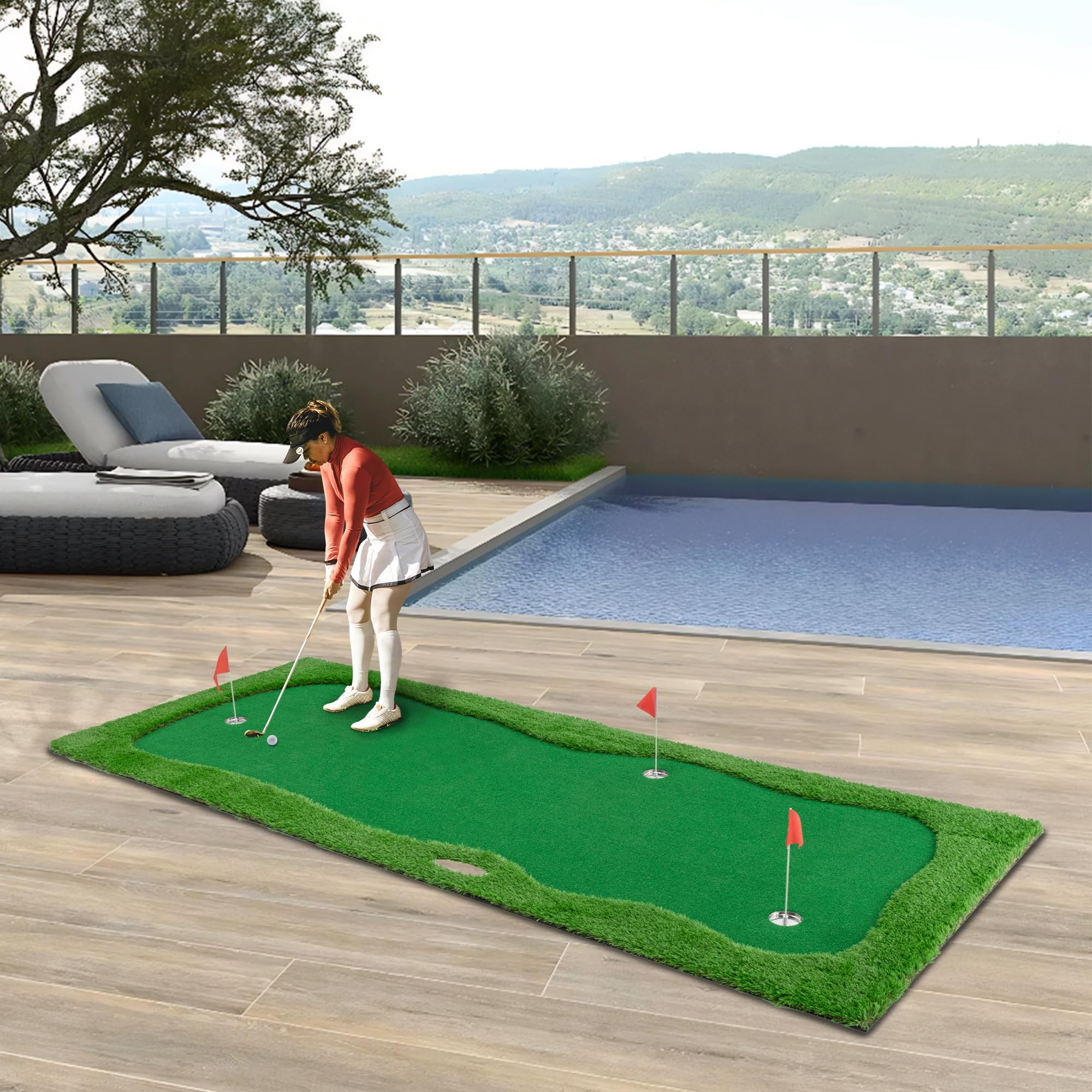 5x12FT Golf Putting Green Mat for Indoor Outdoor Practice | Premium Training Mat with Realistic Turf | Includes 3 Holes, 3 Flags & Cups | Compatible with Golf Simulators for Home
