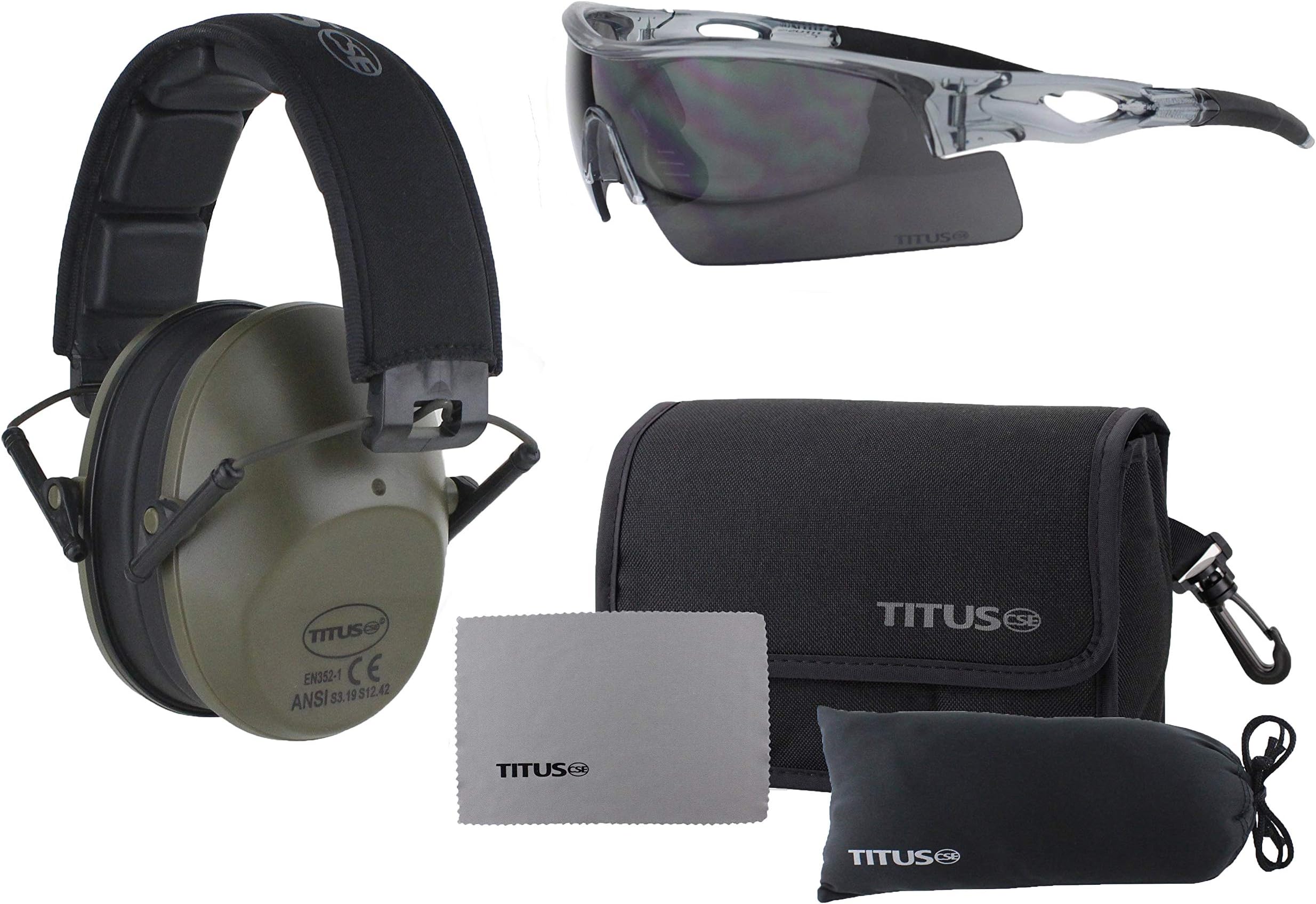 TITUS Slim-line Earmuffs and Safety Glasses Combo Pack (Olive, Grey Frame w/Smoke Lens)