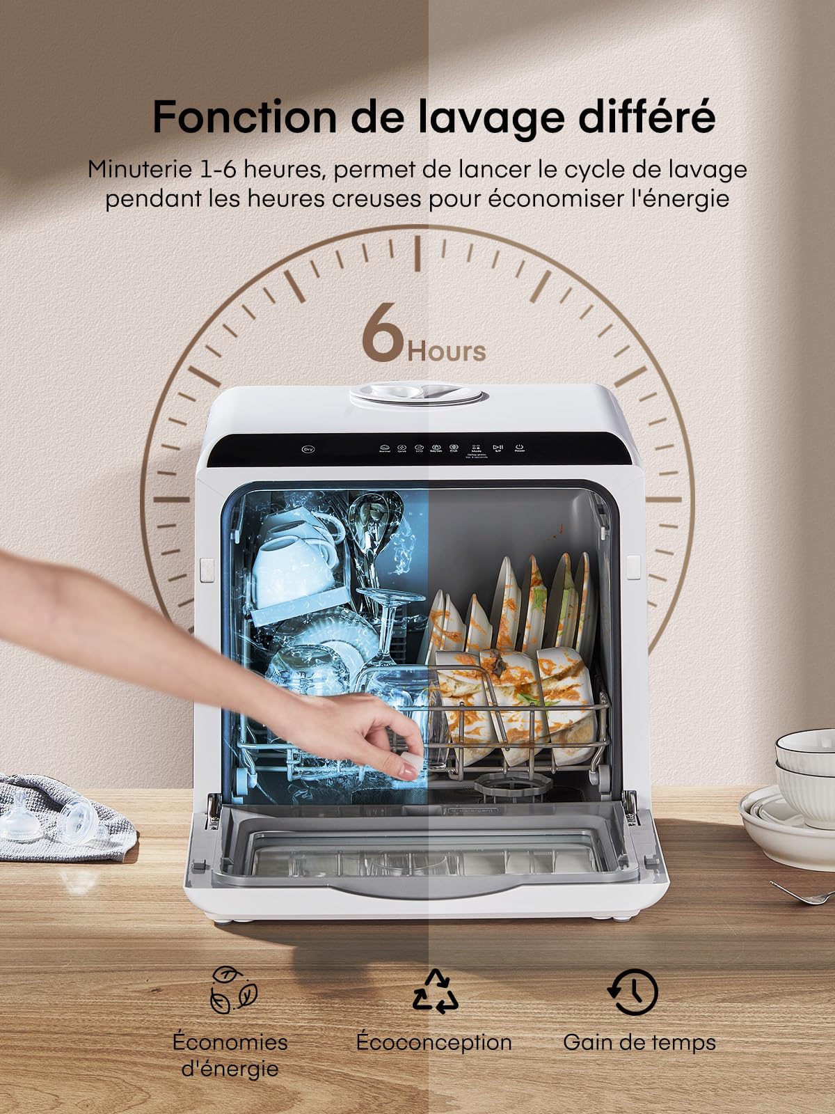 Mini Lave Vaisselle 5+1 Programmes Réservoir d'Eau 5L Contrôle Tactile Écran LED