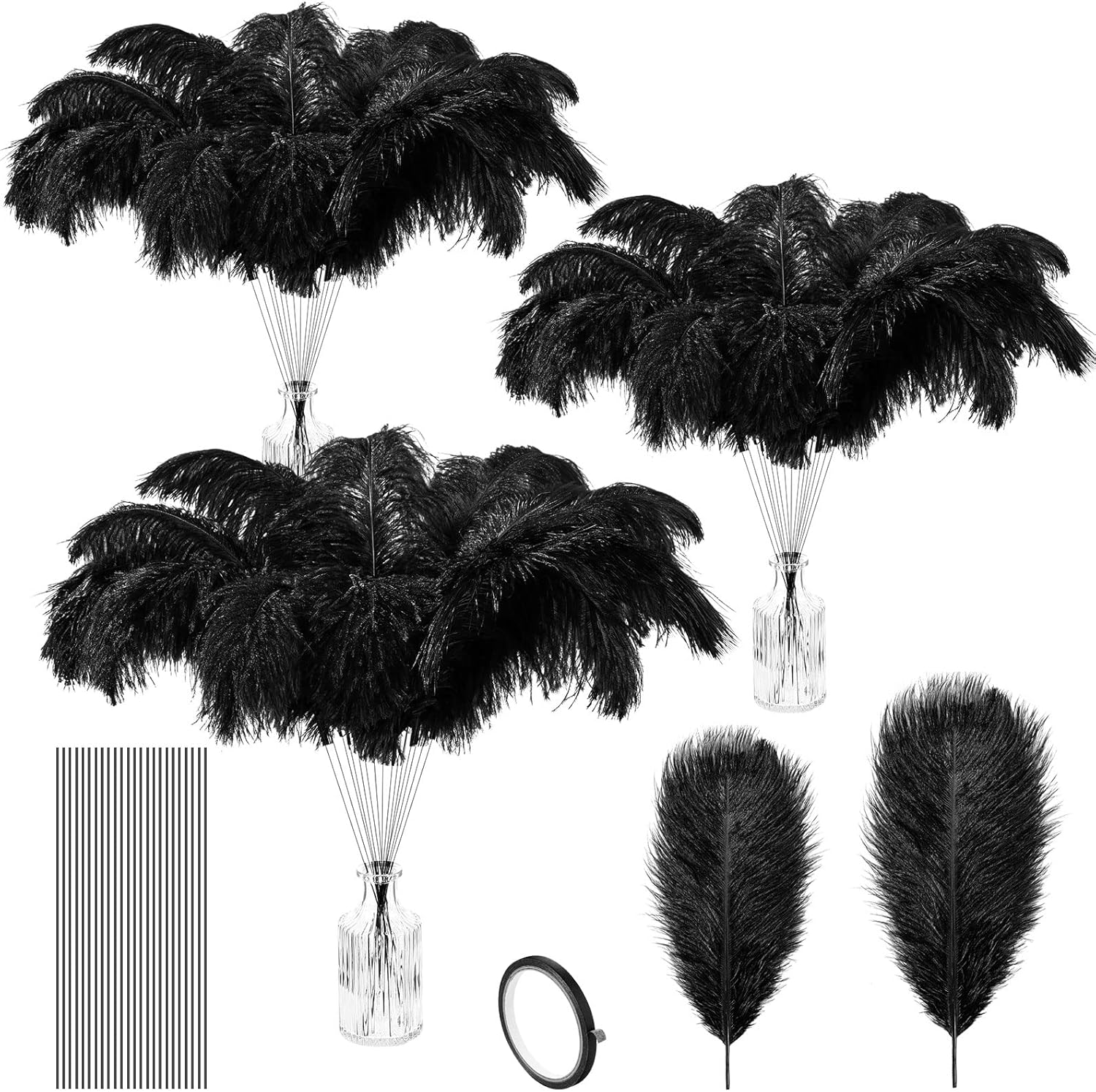50 Plumes D'Autruche Noires Naturelles 30-35cm - Déco Mariage, Centre De Table, Fête
