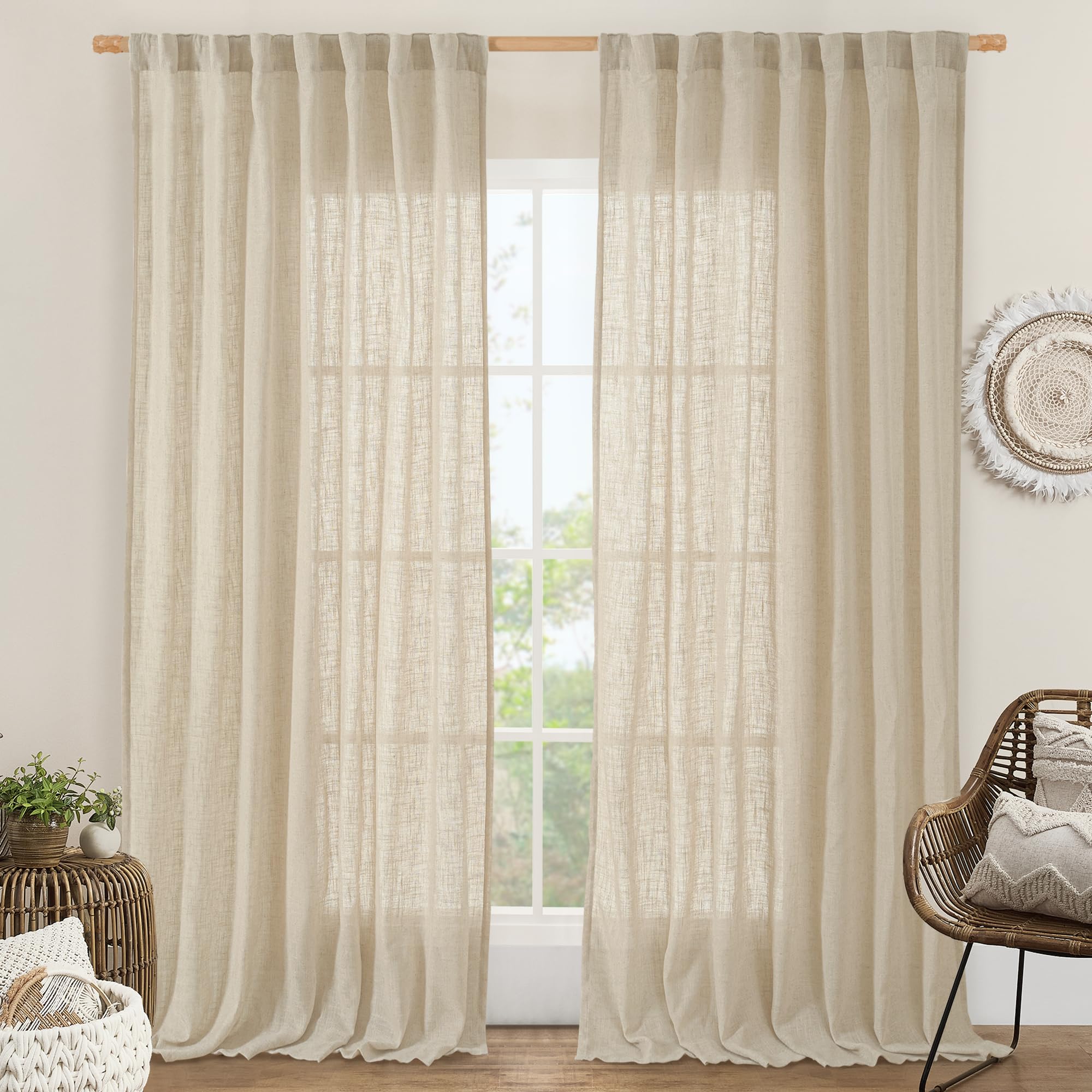 LAMIT Extra Wide Curtains for Bedroom, Natural Light Filtering Faux Linen Textured Panels Semi Sheer Back Tab and Rod Pocket Boho Drapes for Living Room/Farmhouse, 2 Panels, 60 x 84 Inch