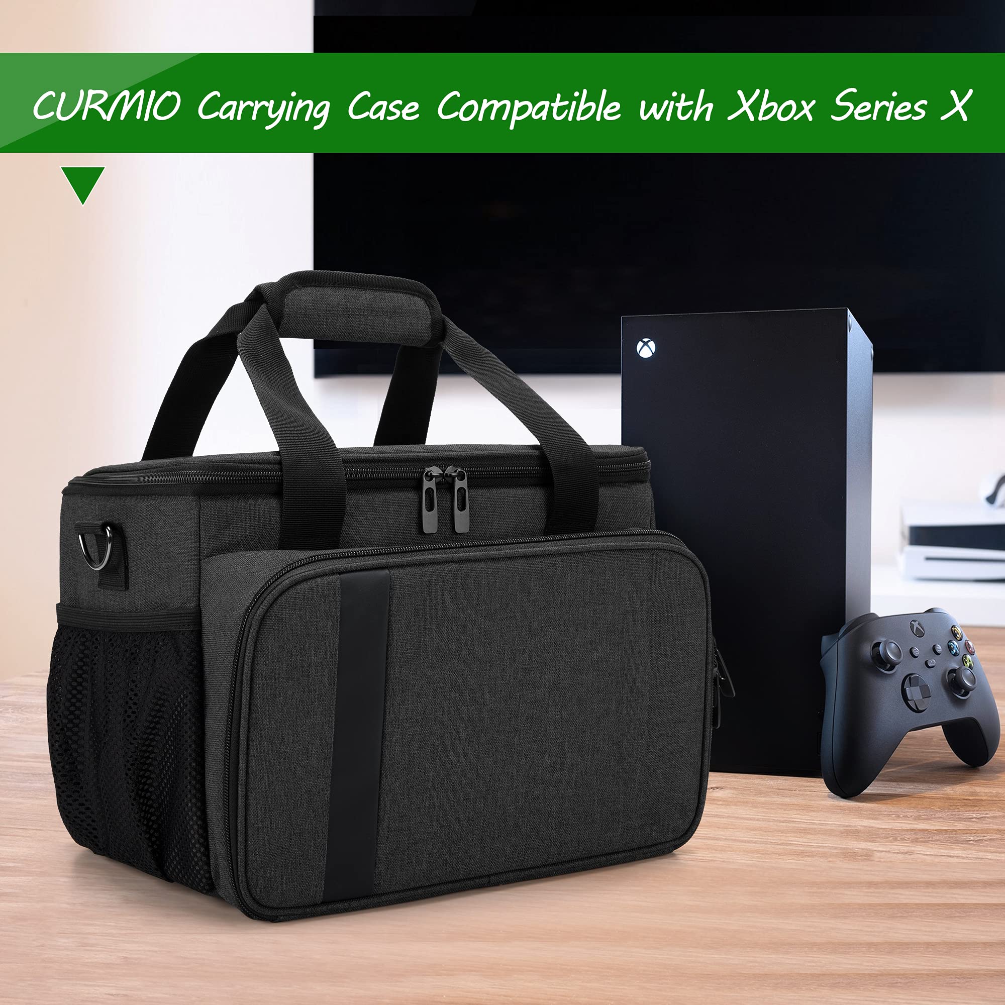 CURMIO Bolsa Xbox, Maleta Xbox, Bolsa de Transporte Compatible con Xbox Series X Consola de Juego y Accesorios, Bolsa Bandolera Adjustable para Controladores, Cables, Auriculares,Negro,Sólo Bolsa