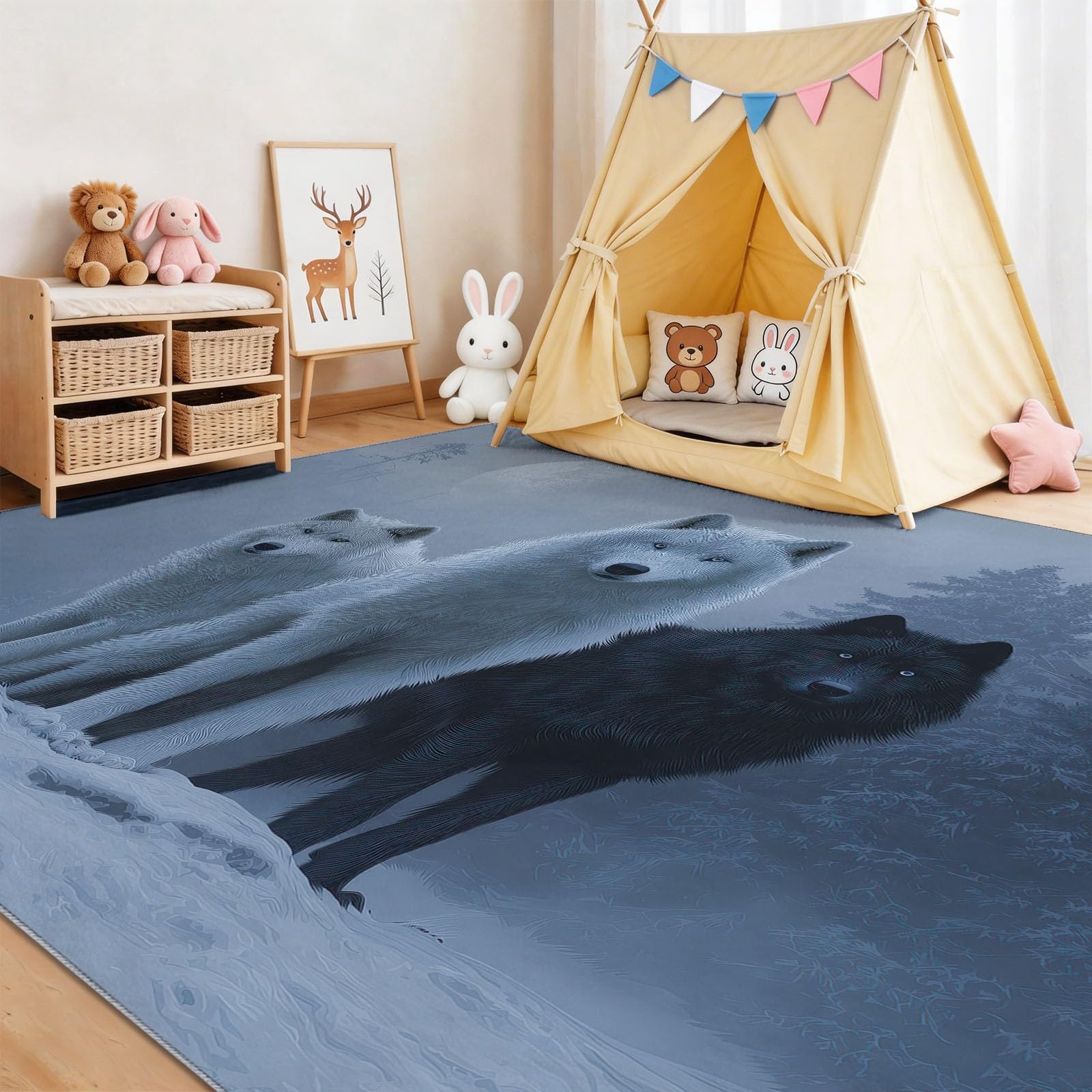 Tappeto per la cameretta dei bambini, tappeto invernale con lupi e pinete, lavabile, antiscivolo, a pelo basso, decorazione per la casa, idea regalo, 80 x 150 cm, grigio