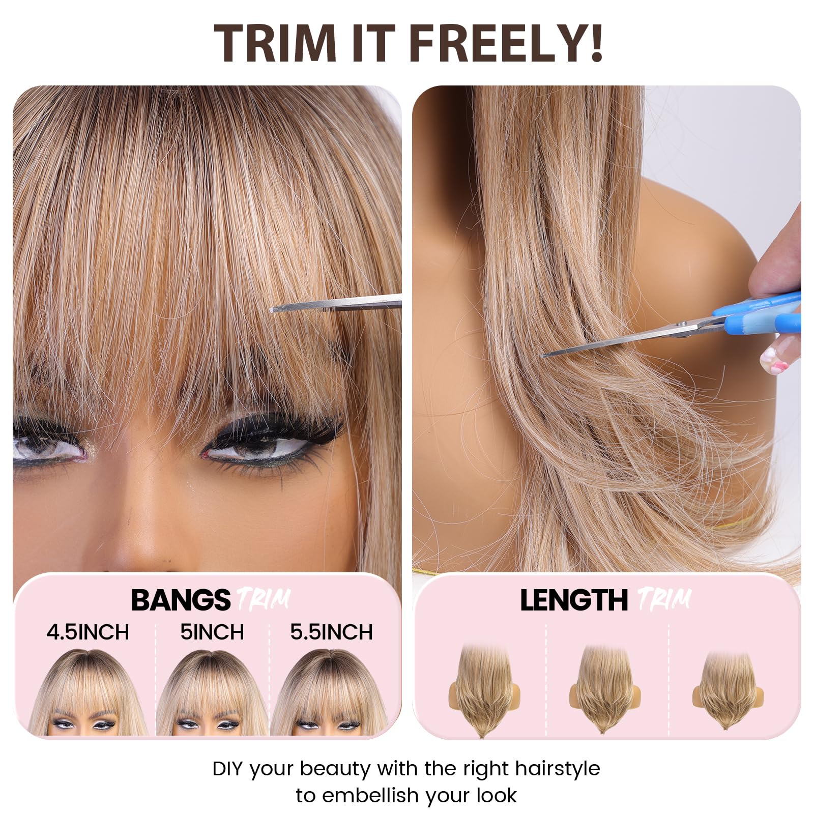EMMOR Perruques Ombré Auburn pour Femmes Perruque Longue et Bouclée avec Frange en Fibres Synthétiques Résistantes à la Chaleur Perruques Quotidiennes d'Aspect Naturel