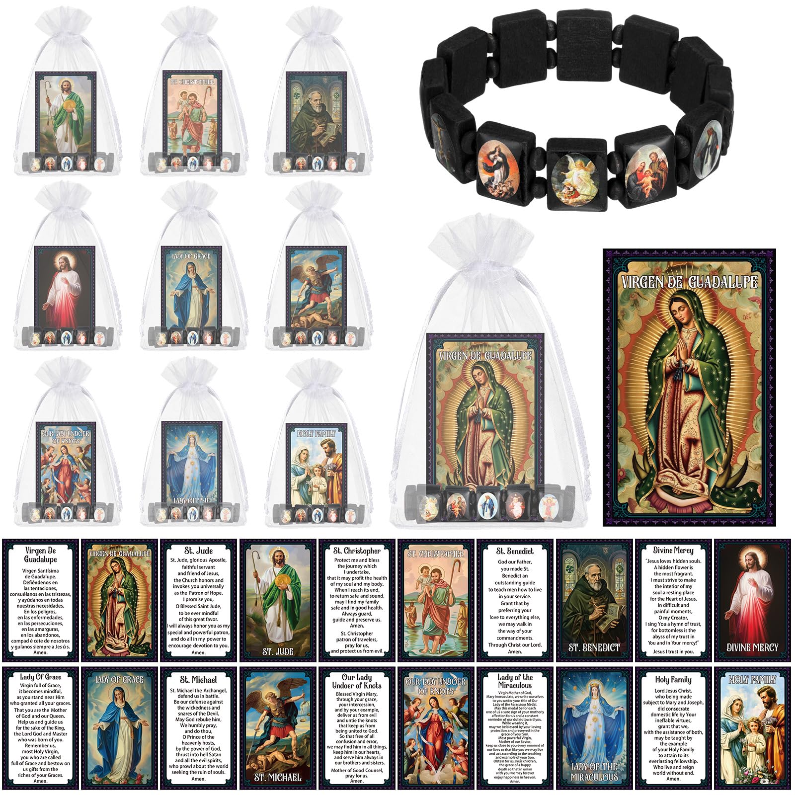 Huquary Catholic Gifts Set Catholic Saint Prayer Cards Holy Rosary Bracelets Devotional Wood with Bags Religious First Communion Baptisms Easter Gift Bulk for Christian Party Favor