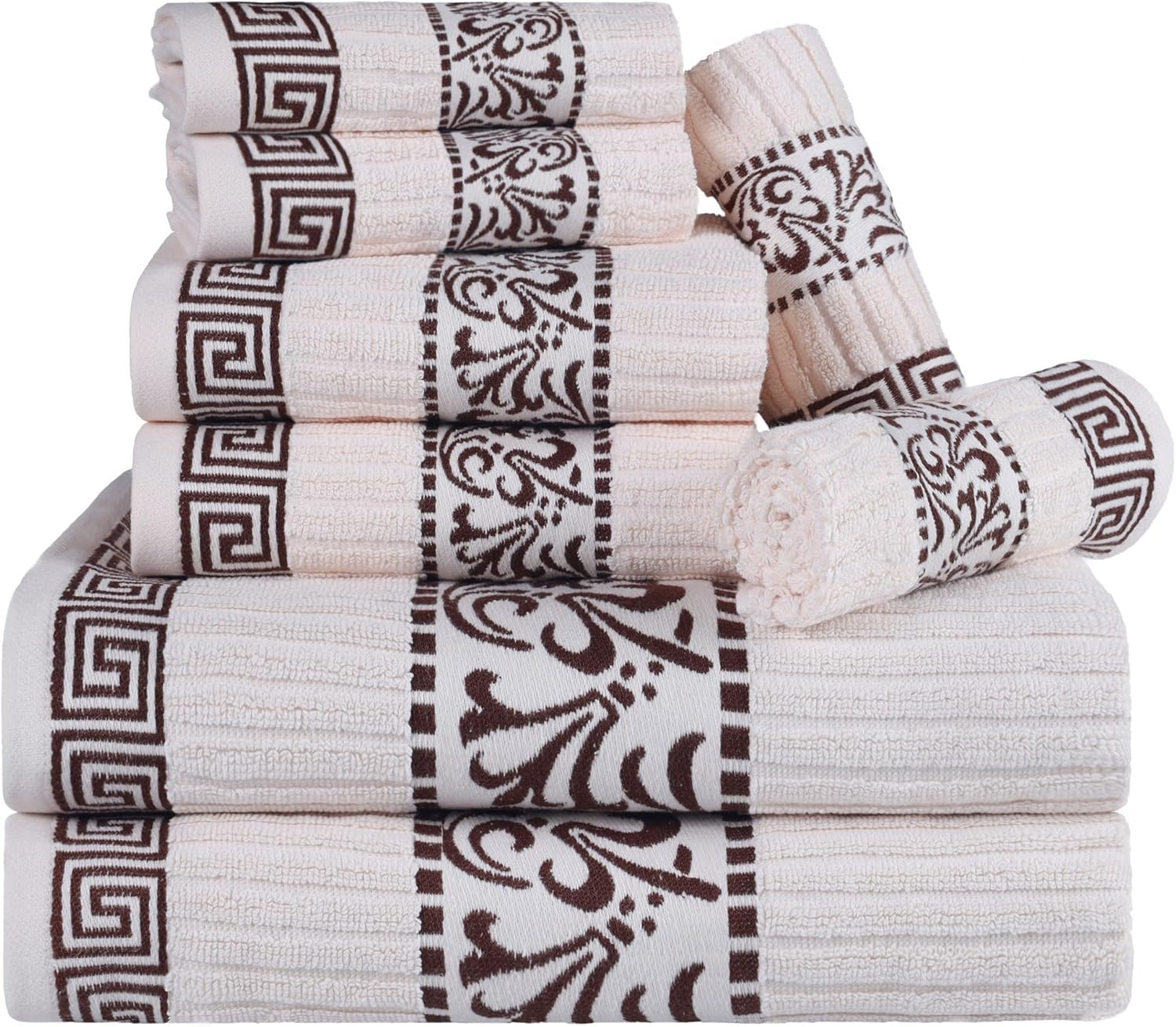 BNM 4 Piece Cotton Bath Towel Set, Greek/Floral Decor For Bathroom, Guest Bath, Spa, Resort, Home Essentials, Absorbent, Adults And Kids, Fast Drying Towels, Medium Weight Towels, Ivory/Navy