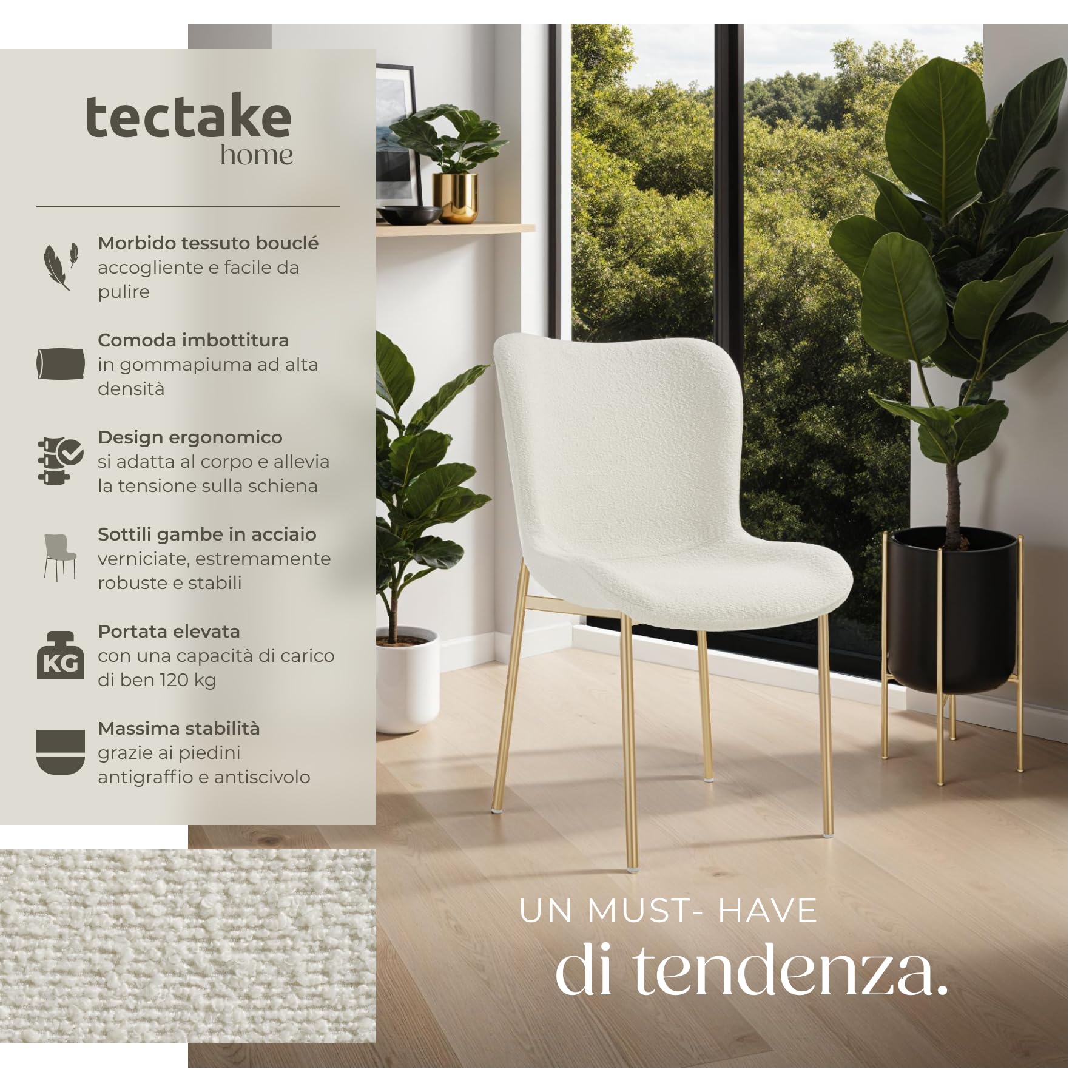 tectake® Poltrona in Stile Scandinavo, Seduta Ergonomica, Gambe in Acciaio, Cappucci Antiscivolo, Sedia Sala da Pranzo, Cucina, Sedia Soggiorno - Bouclé Bianco/Oro