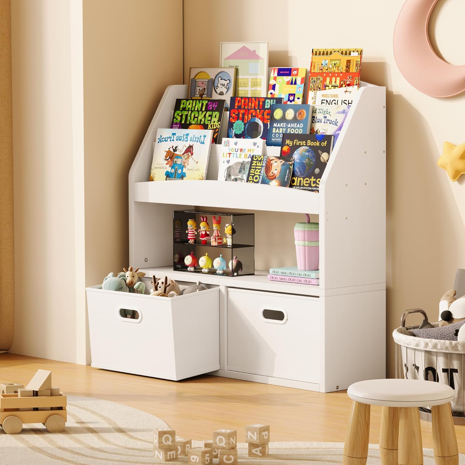 Homeiju Kids Bookshelf & Toy Storage Organizer with 2 Fabric Bins, 3 Tier Children Book Shelf, Toddler Bookcase for Toddler, Kids Room, Toys, Nursery, Playroom, White