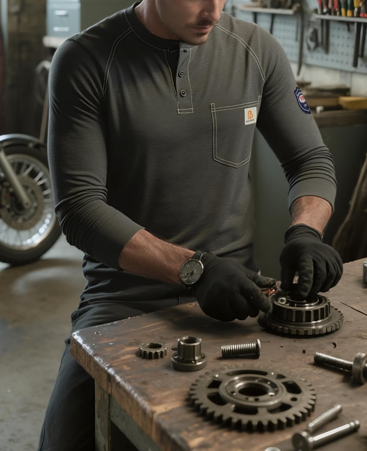 BOCOMAL Men's FR Henley Shirt Flame Resistant 5.5oz Cotton Long Sleeve Workwear UL NFPA2112 CAT2 Welding Tee - Image 2