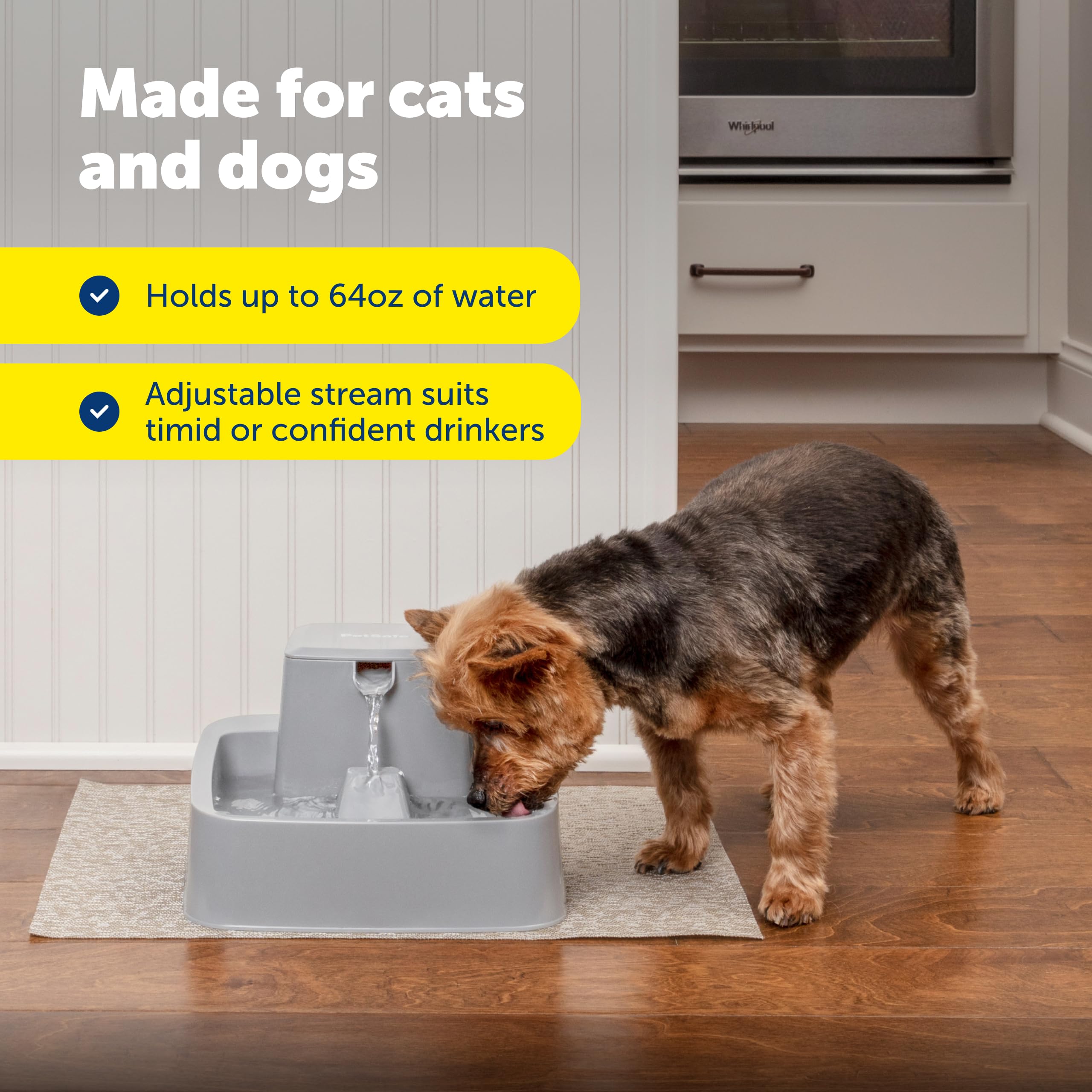 PetSafe Oasys Fuente para mascotas de 1/2 galón para gatos y perros pequeños, capacidad de agua de 1/2 galón, control de flujo ajustable, agua fresca y filtrada, fácil de limpiar, filtros de carbono y