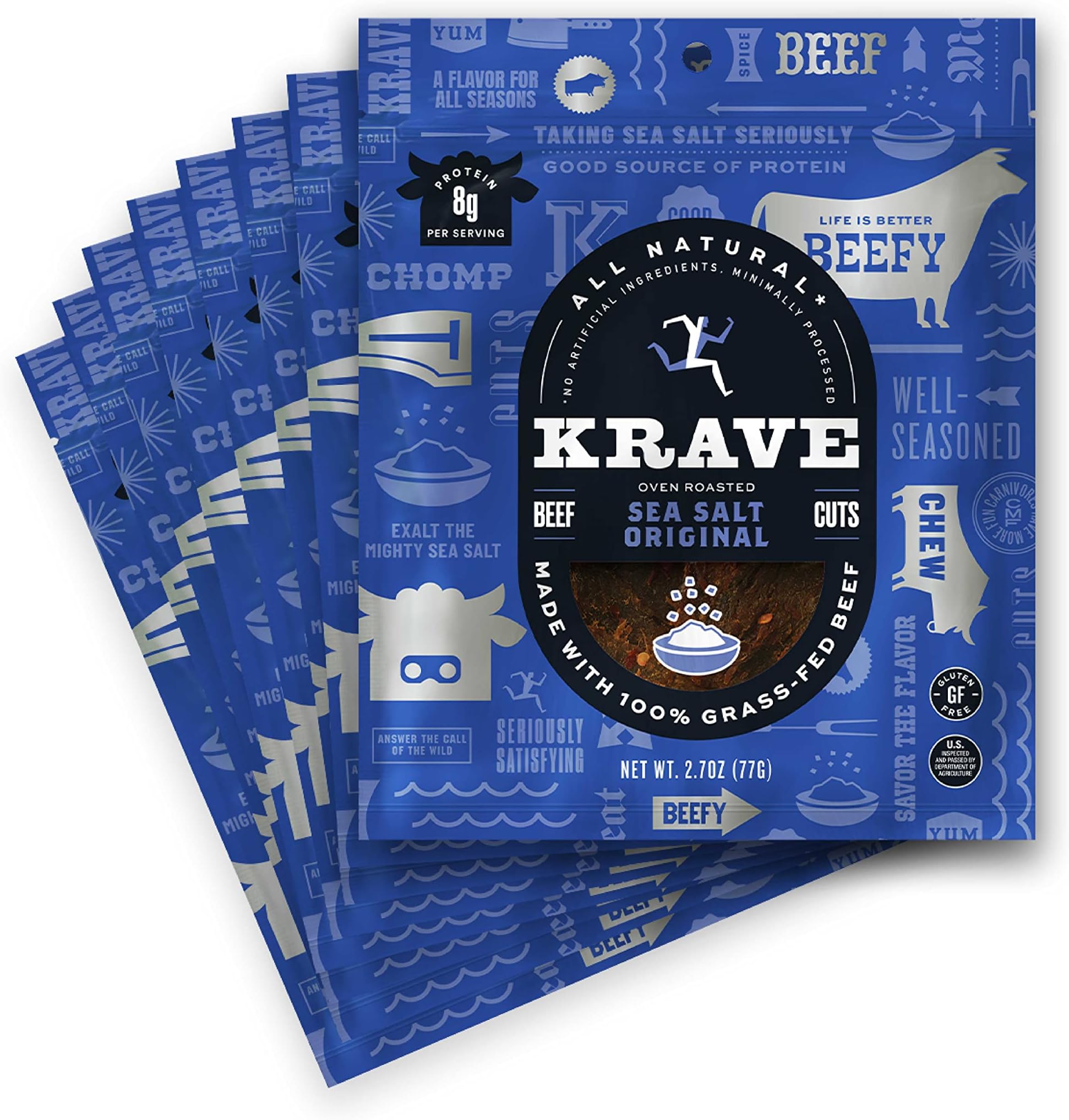 All Natural Beef Jerky, Sea Salt - Protein Packed Snacks Roasted for Maximum Flavor - 100% Grass Fed Beef - Gluten Free - 2.7 Ounce (Pack of 8)