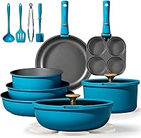 CAROTE 21-Piece Nonstick Pots and Pans Set with Detachable Handles, Induction Compatible RV Cookware, Peacock Blue