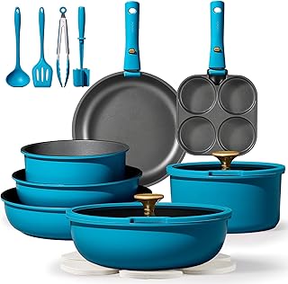 CAROTE 21pcs Pots and Pans Set, Nonstick Cookware Set Detachable Handle, Induction Kitchen Cookware Sets Non Stick with Removable Handle, RV Cookware Set, Peacock Blue