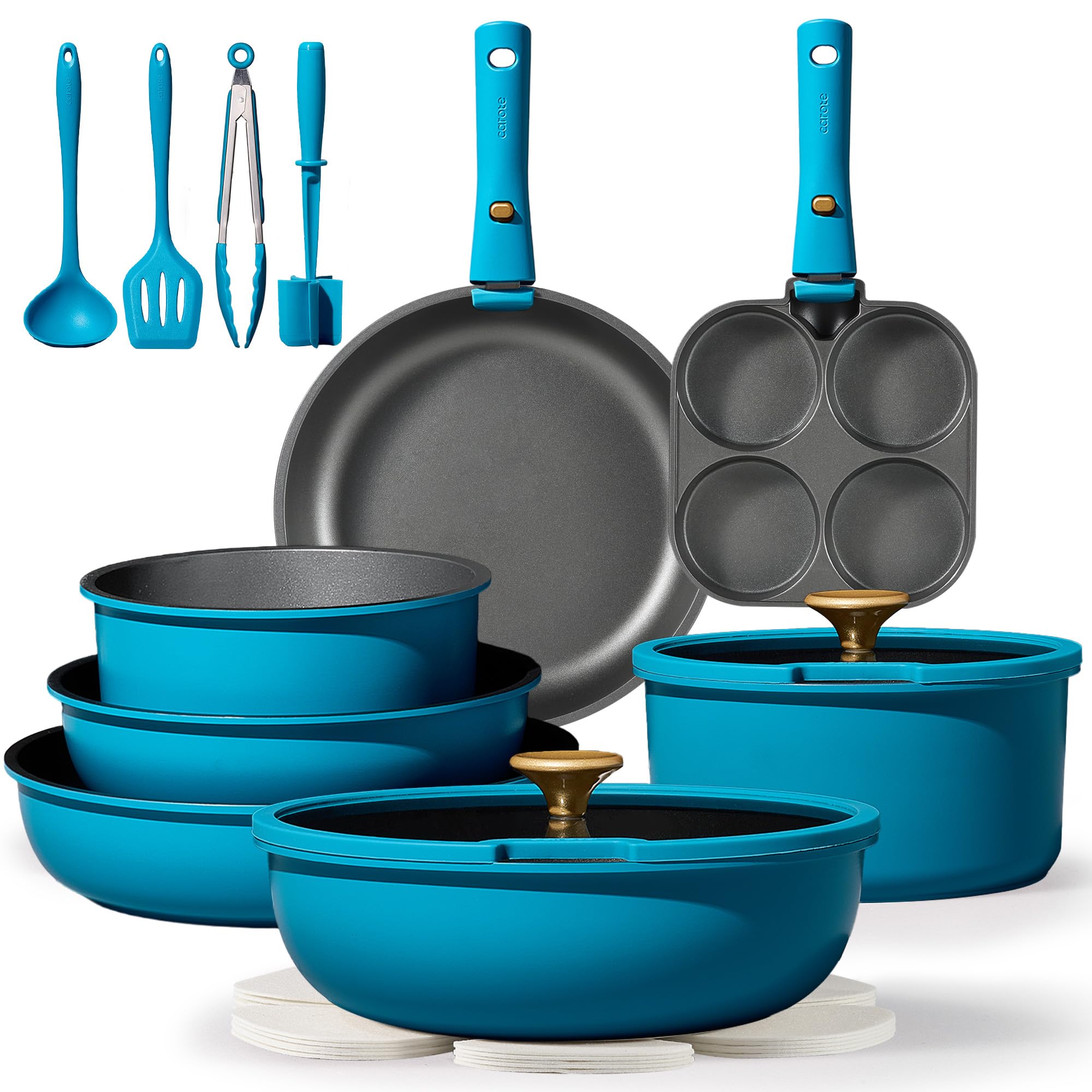 21pcs Pots and Pans Set, Nonstick Cookware Set Detachable Handle, Induction Kitchen Cookware Sets Non Stick with Removable Handle, RV Cookware Set, Peacock Blue