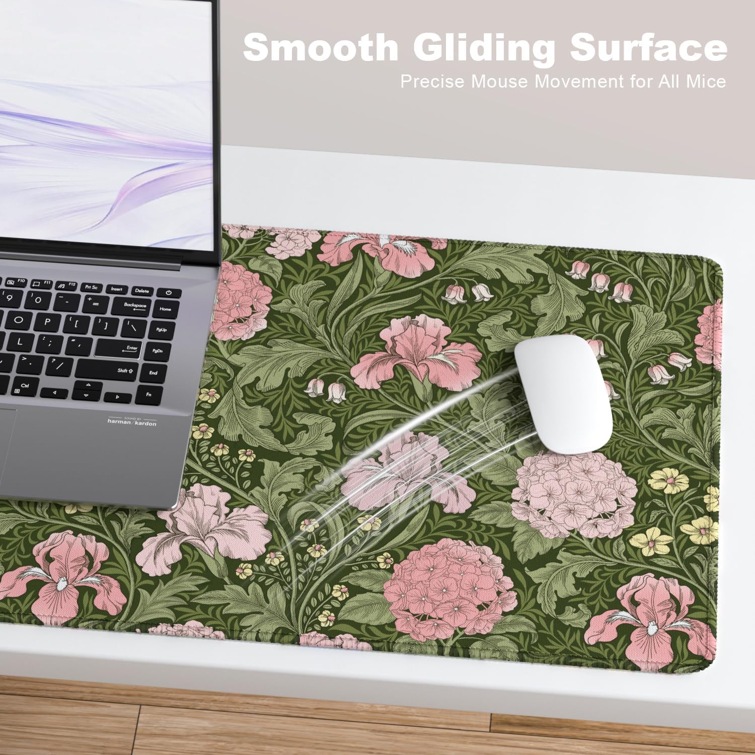 Desk Mat, Large Gaming Mouse Pad, 32" x 12", Pink Retro Floral image 4