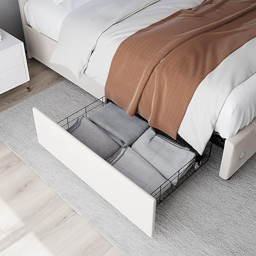 Miniatura 6 de Keyluv Base de cama LED tapizada de terciopelo de tamaño matrimonial con 4 cajones de almacenamiento, cabecera capitonada con botones de cristal y