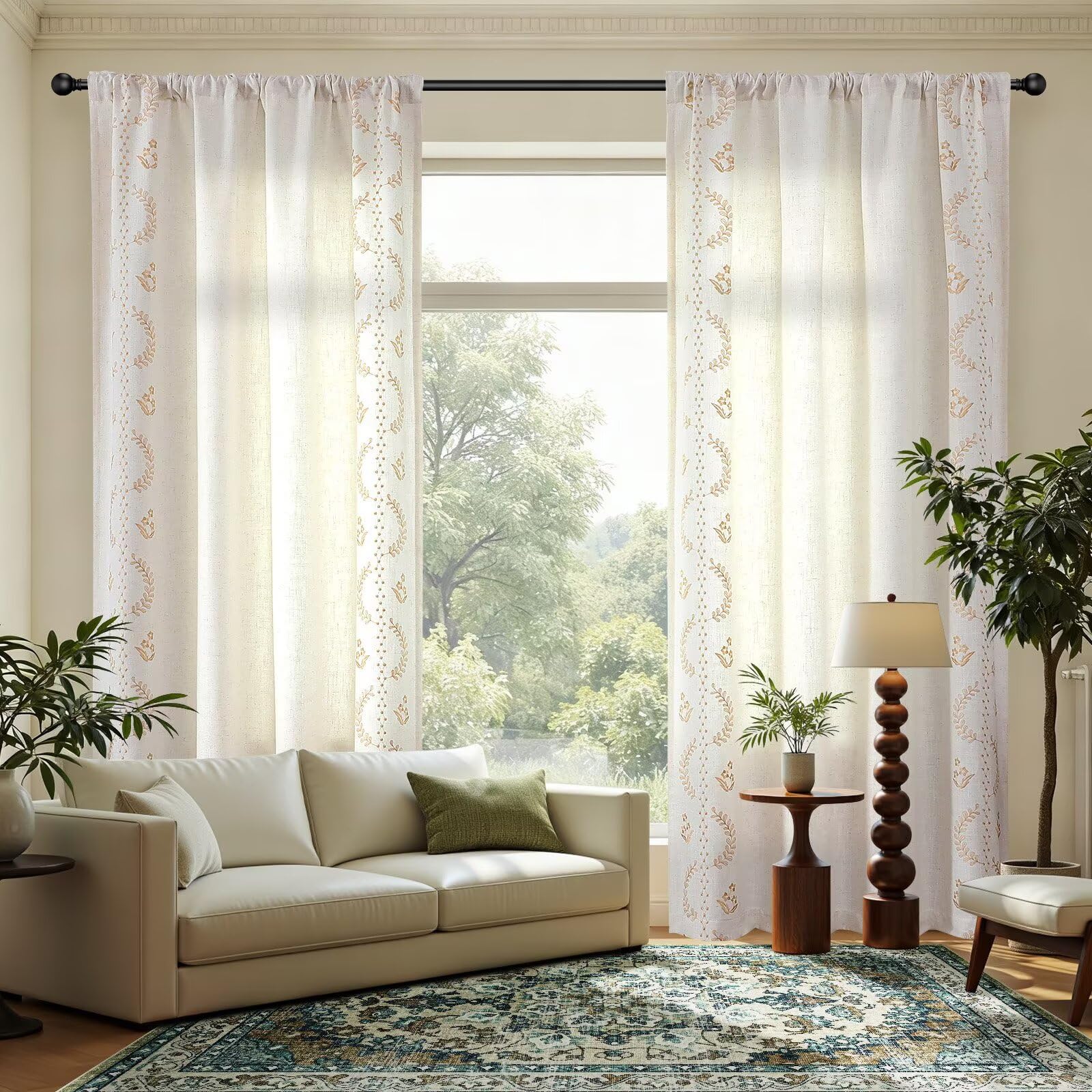 Gold Embroidered Curtains - Vintage Floral Drapes -3
